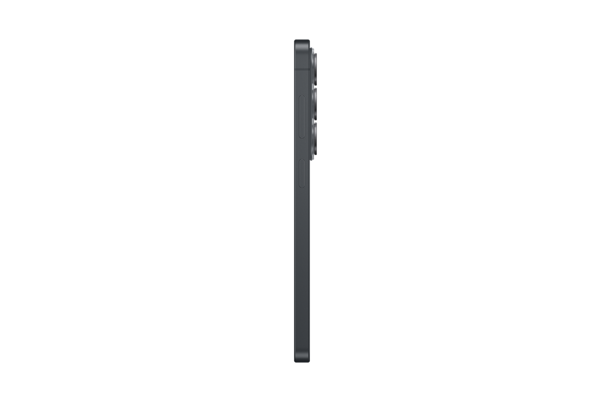 Dunkelgraues Smartphone im Profil mit drei Kameras auf der Rückseite.