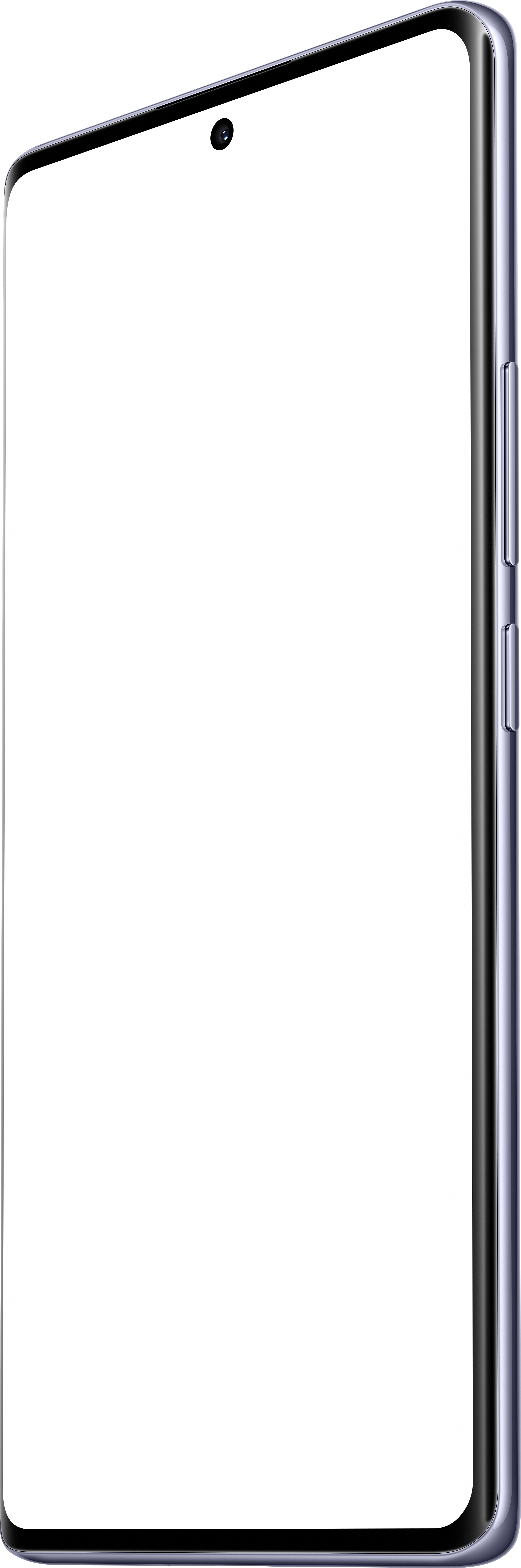 Ein silberfarbenes Smartphone mit schwarzem Bildschirm. Seitenansicht zeigt Tasten und Kameralinse. Der Bildschirm ist schwarz.