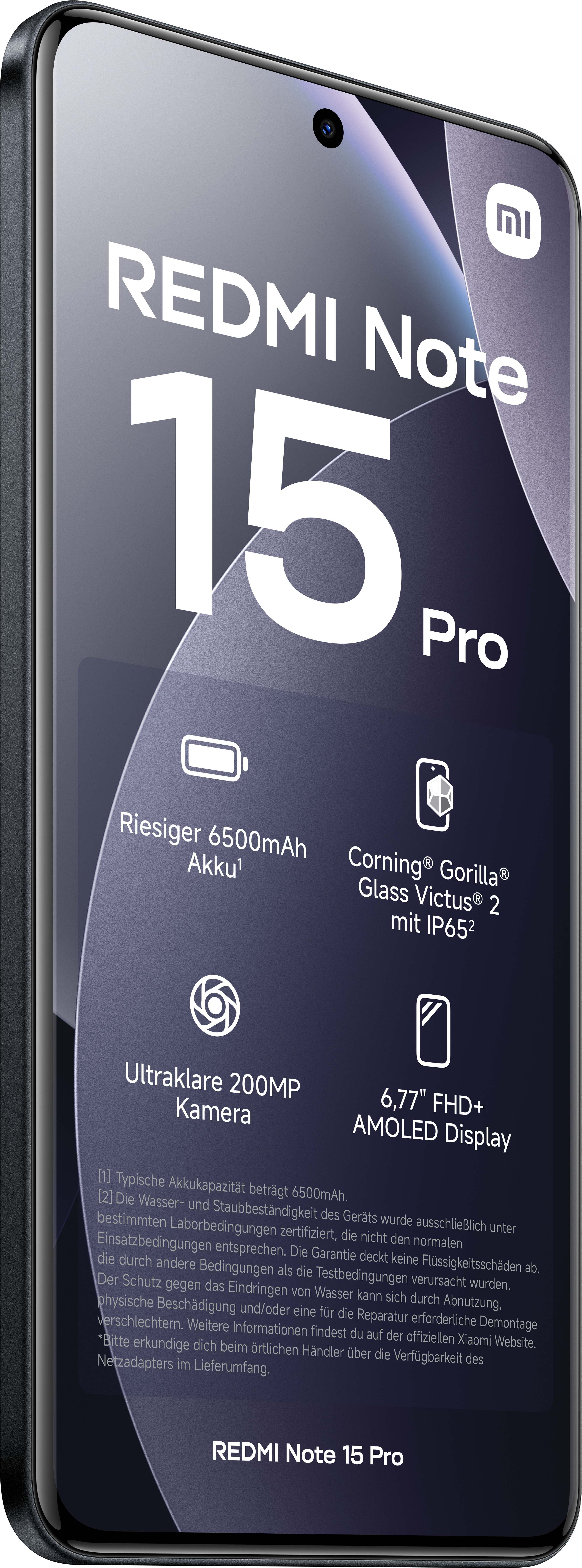 Ein Smartphone-Bildschirm zeigt 'Redmi Note 15 Pro'. Merkmale: 6500mAh Akku, Gorilla Glass, 200MP Kamera und AMOLED Display.