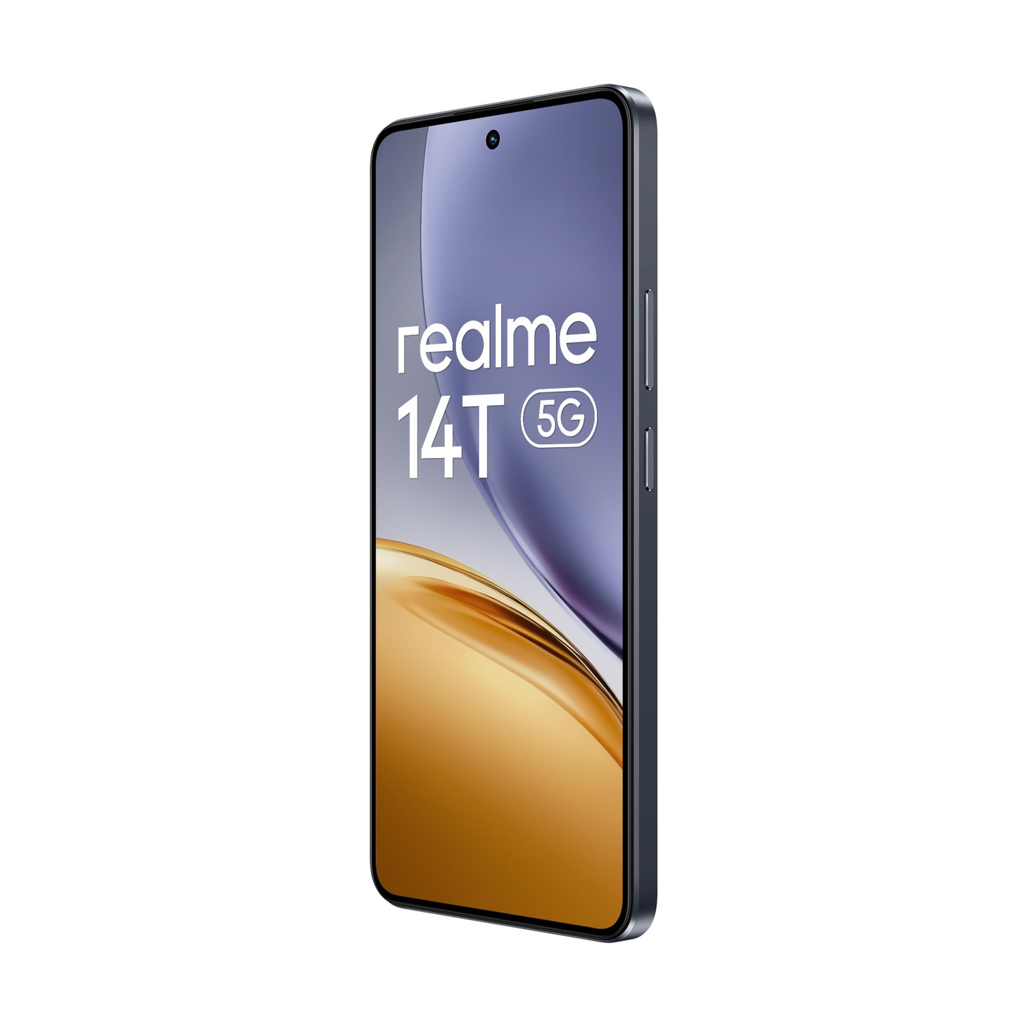 Realme 14T 5G-Telefon, dunkelblau mit Display.