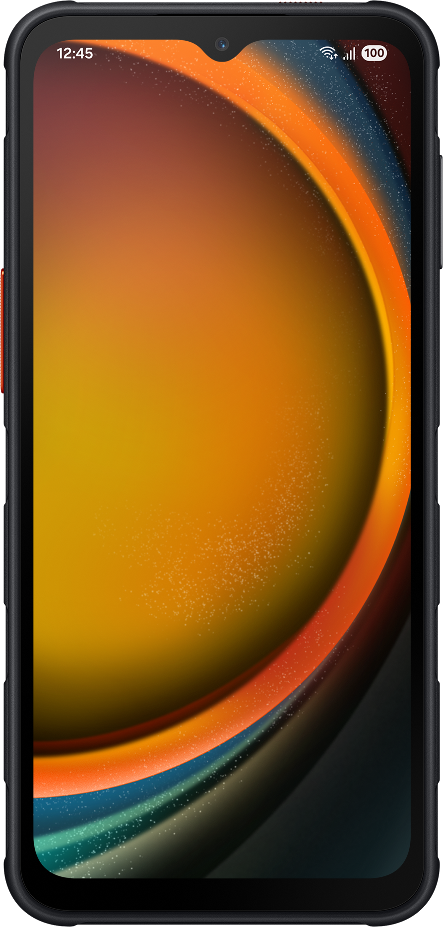 Schwarzes Smartphone mit farbenfrohem Hintergrundbild, das ein gelbes, oranges und blaues abstraktes Design zeigt.