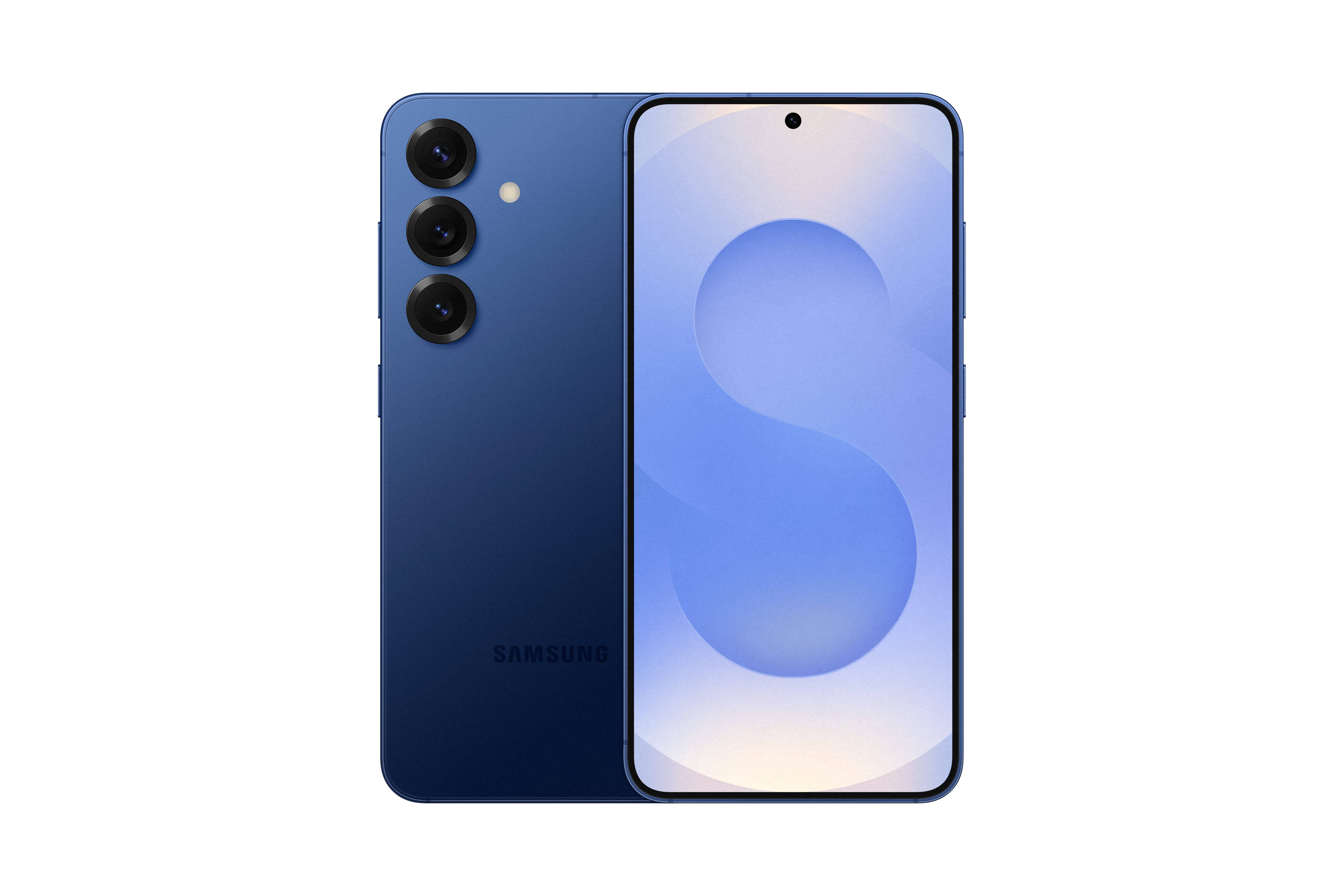 Blaues Samsung-Telefon, Vorder- und Rückseite. Die Rückseite hat Kameras. Die Vorderseite zeigt den Bildschirm. Schwarzer Hintergrund.