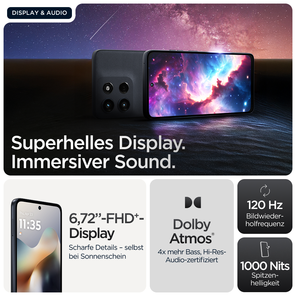 Werbung für Display und Audio für ein Telefon mit schwarzem Gehäuse und sternenartiger Anzeige.