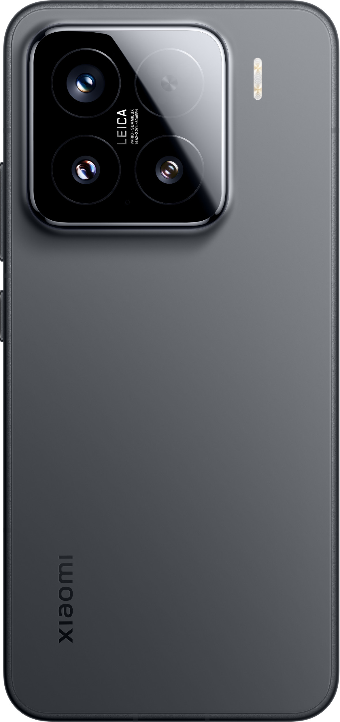 Rückseite eines dunkelgrauen Xiaomi-Telefons mit Leica-Dreifachkameras.