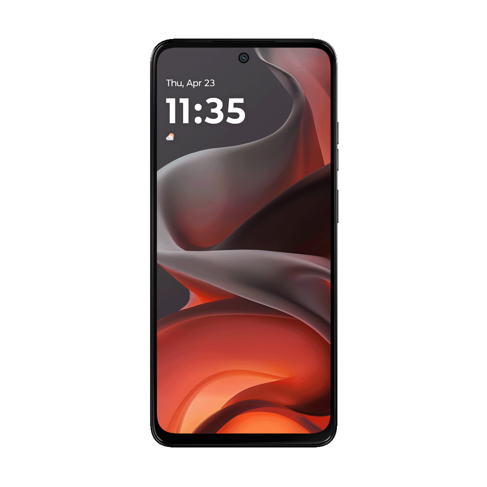 Schwarzes Smartphone mit Uhrzeit und abstraktem rot-grauem Design auf schwarzem Grund.