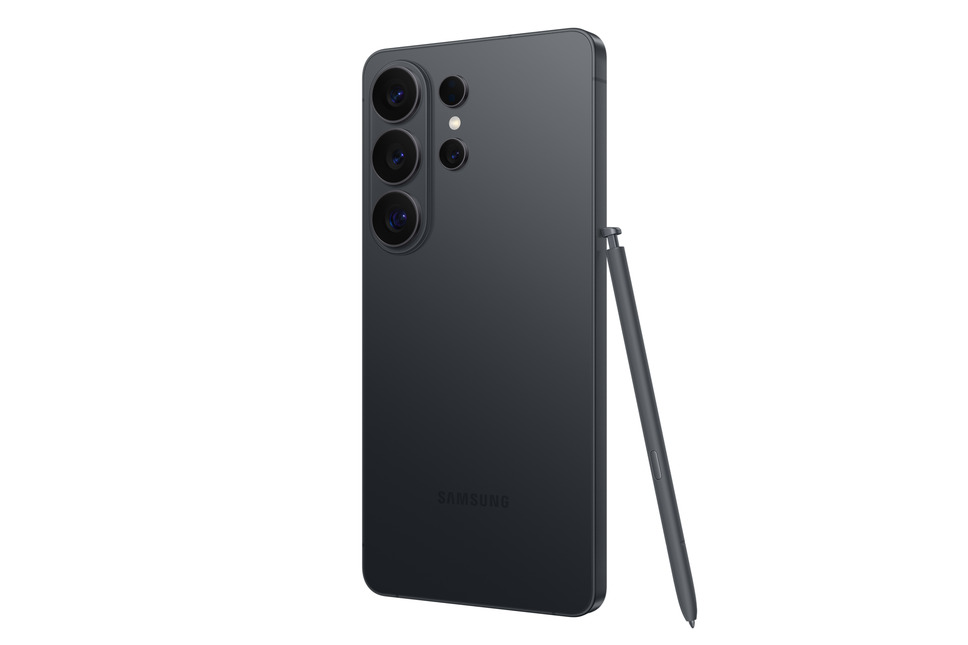 Dunkelgraues Samsung-Smartphone mit Stift und drei Kameras.
