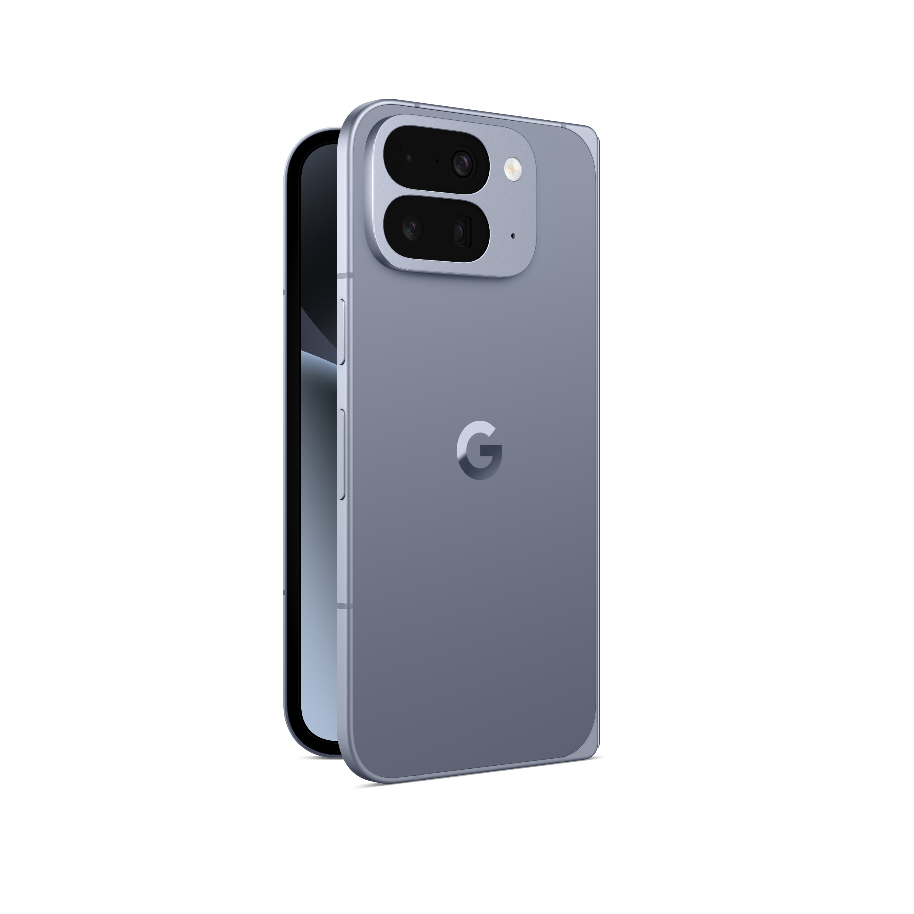 Ein hellblaues Smartphone mit Kameramodul. Der Hintergrund ist schwarz.