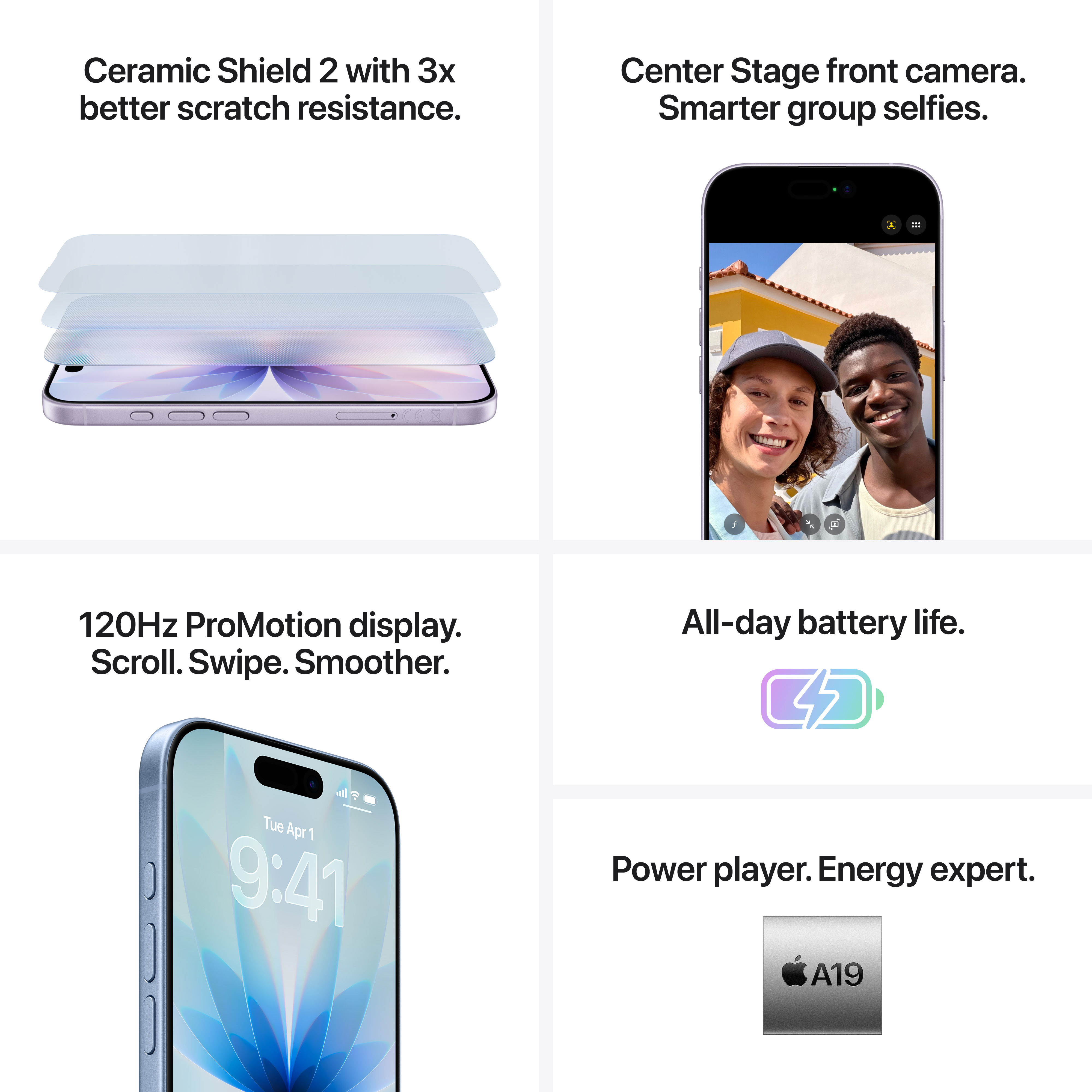 Das Bild zeigt ein Telefon mit Display, ein Selfie mit zwei Personen und Text über die Funktionen des Telefons.