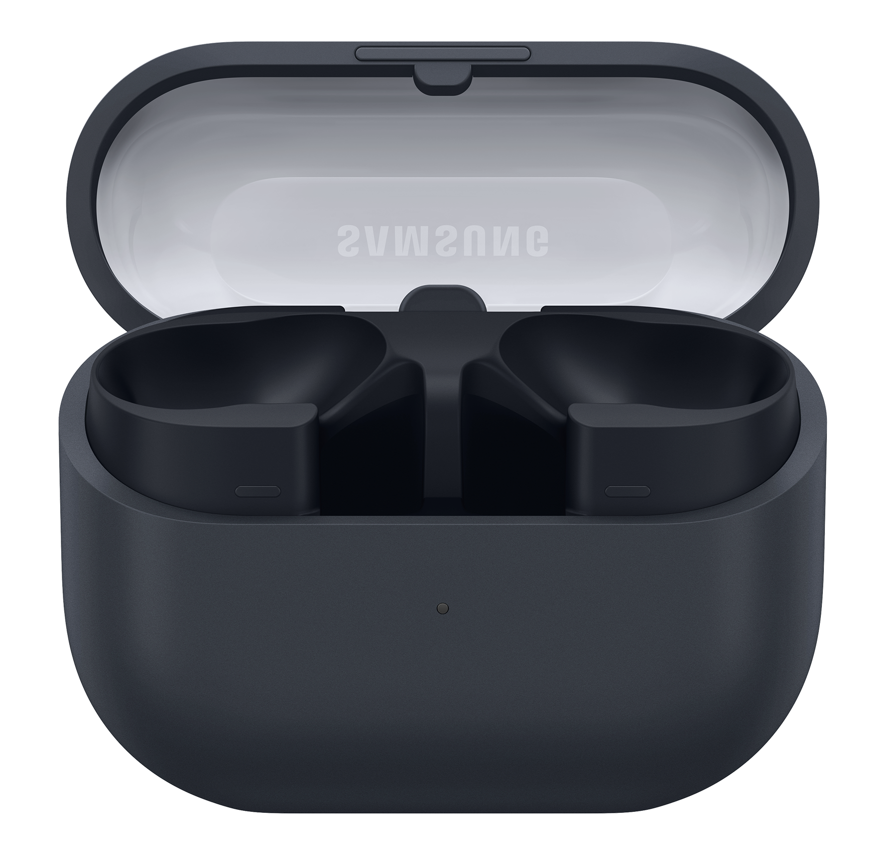 Geöffnete, dunkelgraue Kopfhörerbox. Innen zwei Ohrhörer-Steckplätze. Der Deckel ist offen, das Samsung-Logo ist zu sehen.