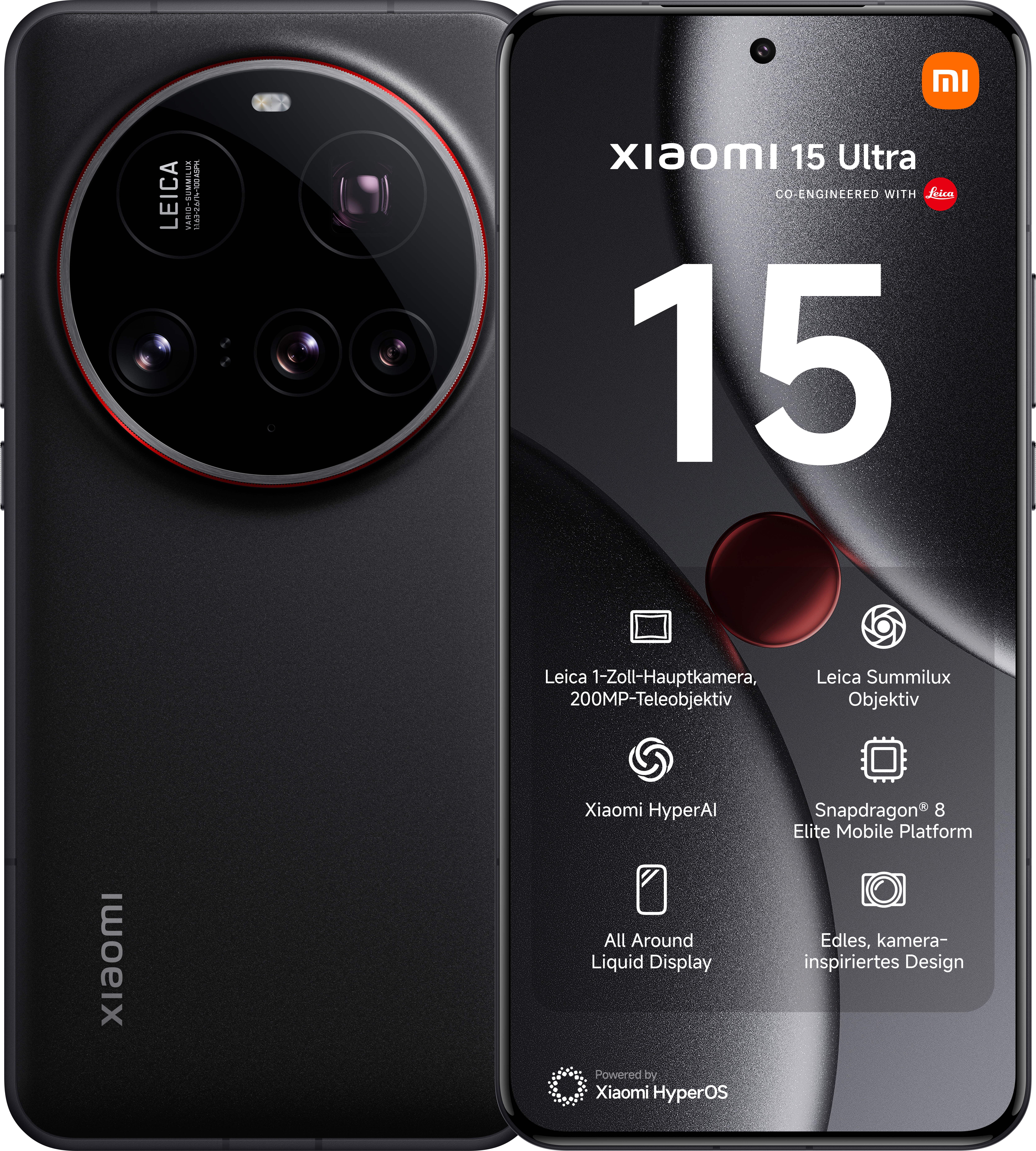 Schwarzes Smartphone mit Kameradetails und Xiaomi 15 Ultra Text.
