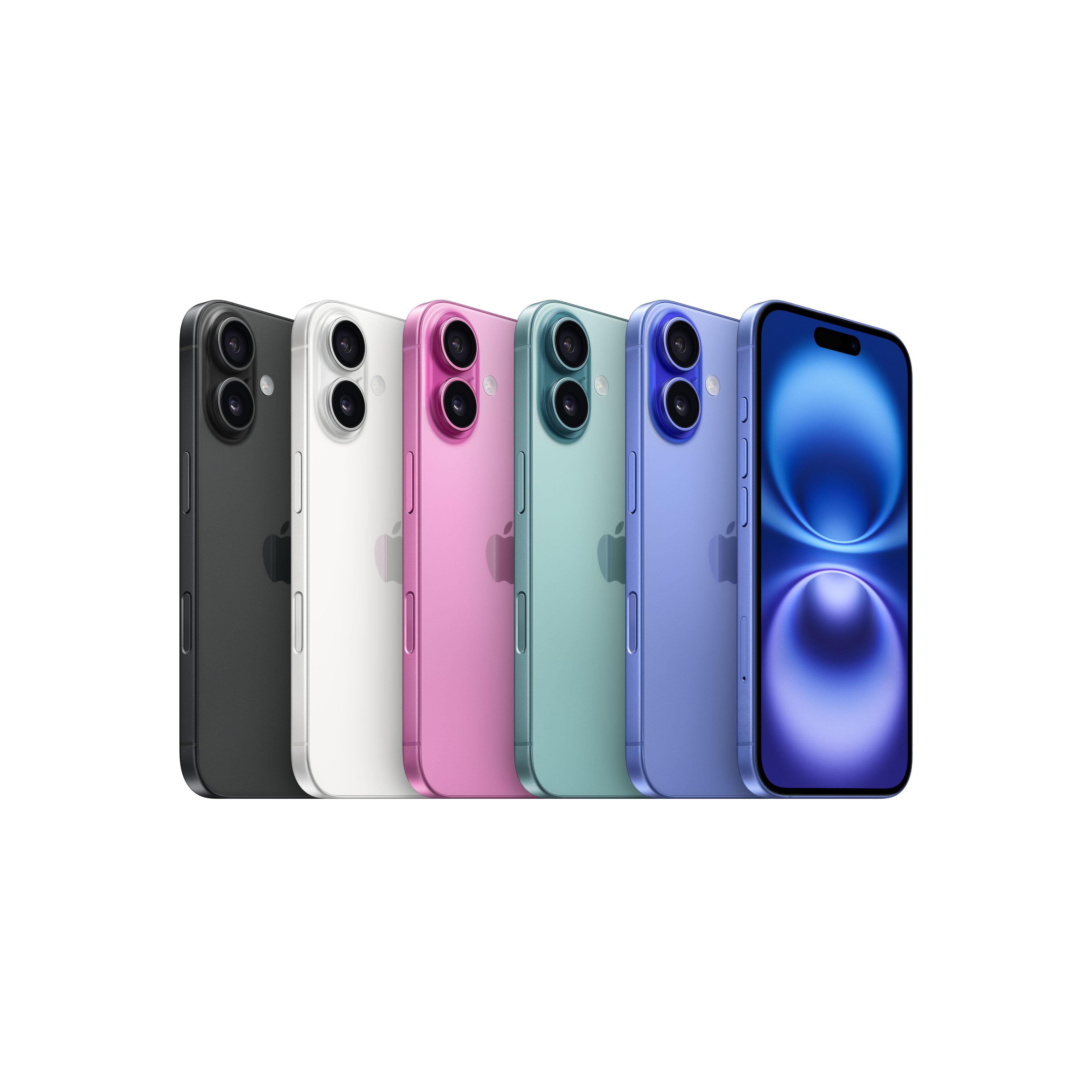 Eine Reihe von sechs iPhones in verschiedenen Farben: Schwarz, Weiß, Pink, Grün, Lila und Blau.