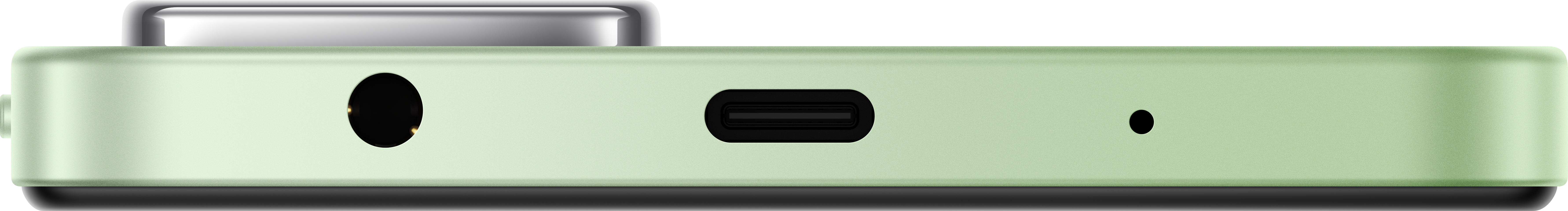 Nahaufnahme der Unterkante eines grünen Geräts mit Kopfhöreranschluss, USB-Anschluss und Punkt.