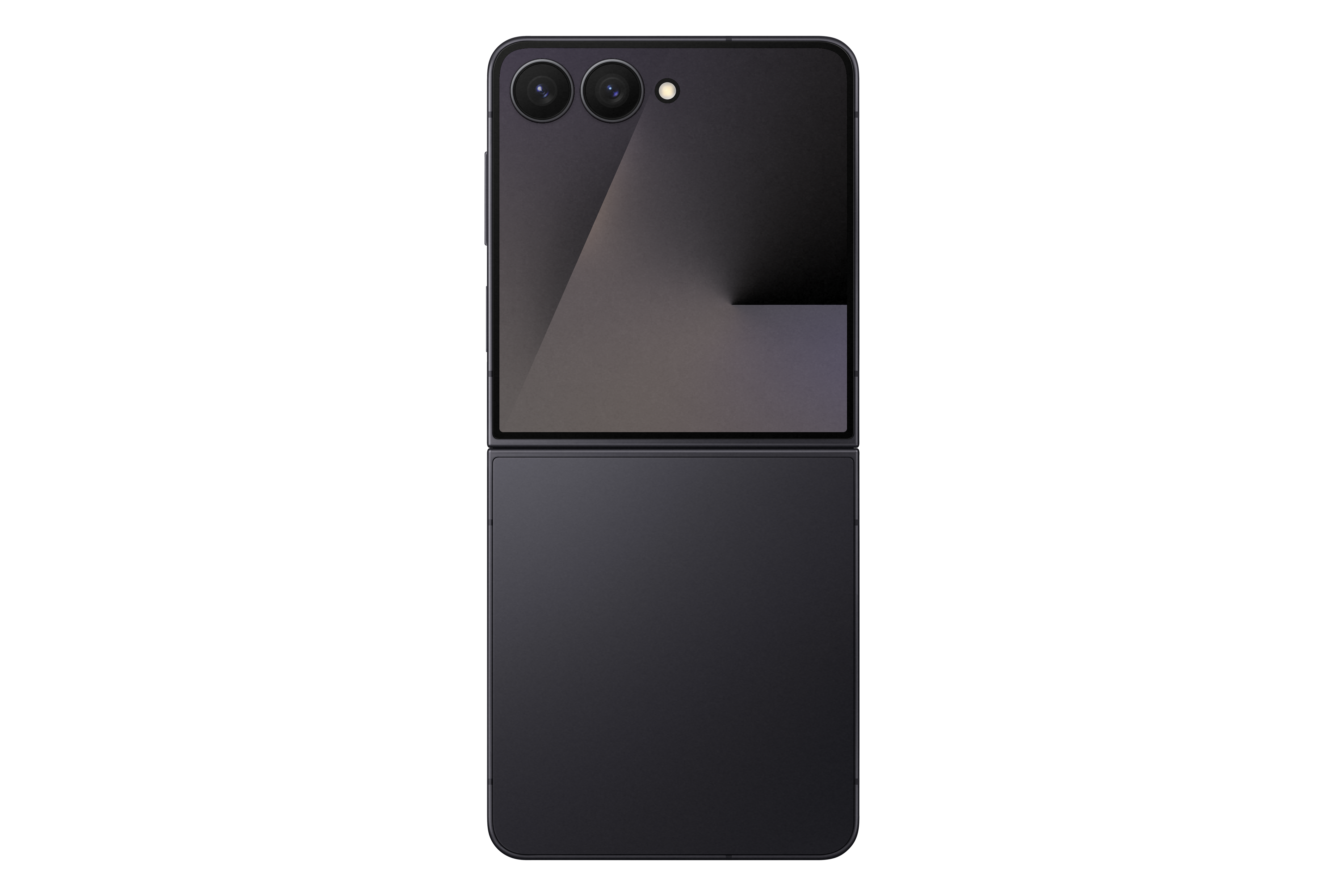 Ein schwarzes, faltbares Smartphone ist geöffnet abgebildet. Es hat ein Kameramodul mit zwei Linsen. Der Hintergrund ist weiß.