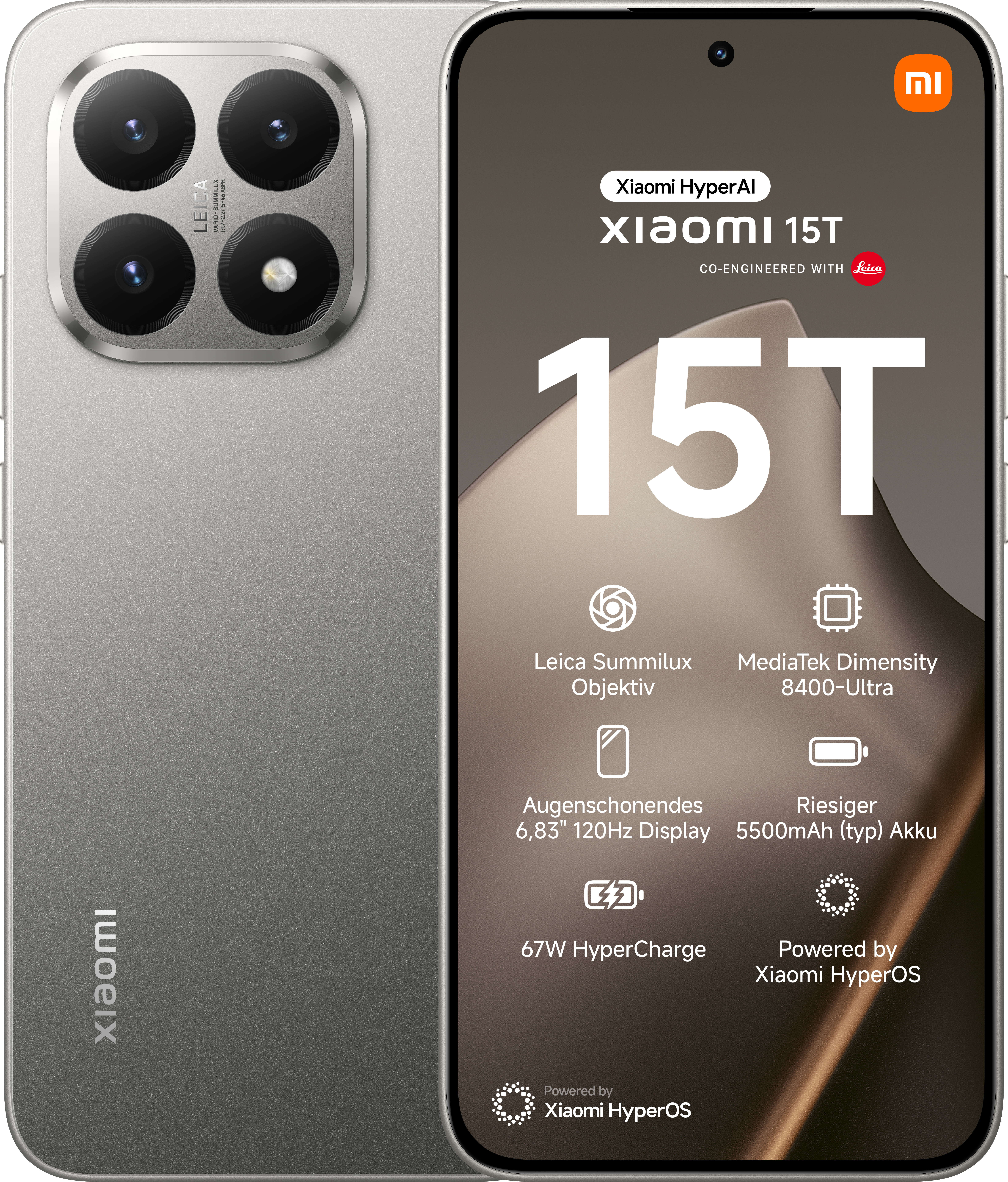 Ein silbernes Xiaomi 15T-Telefon zeigt Funktionen und Spezifikationen. Vier Kameralinsen sind sichtbar. Das Telefon zeigt auch das Xiaomi-Logo.