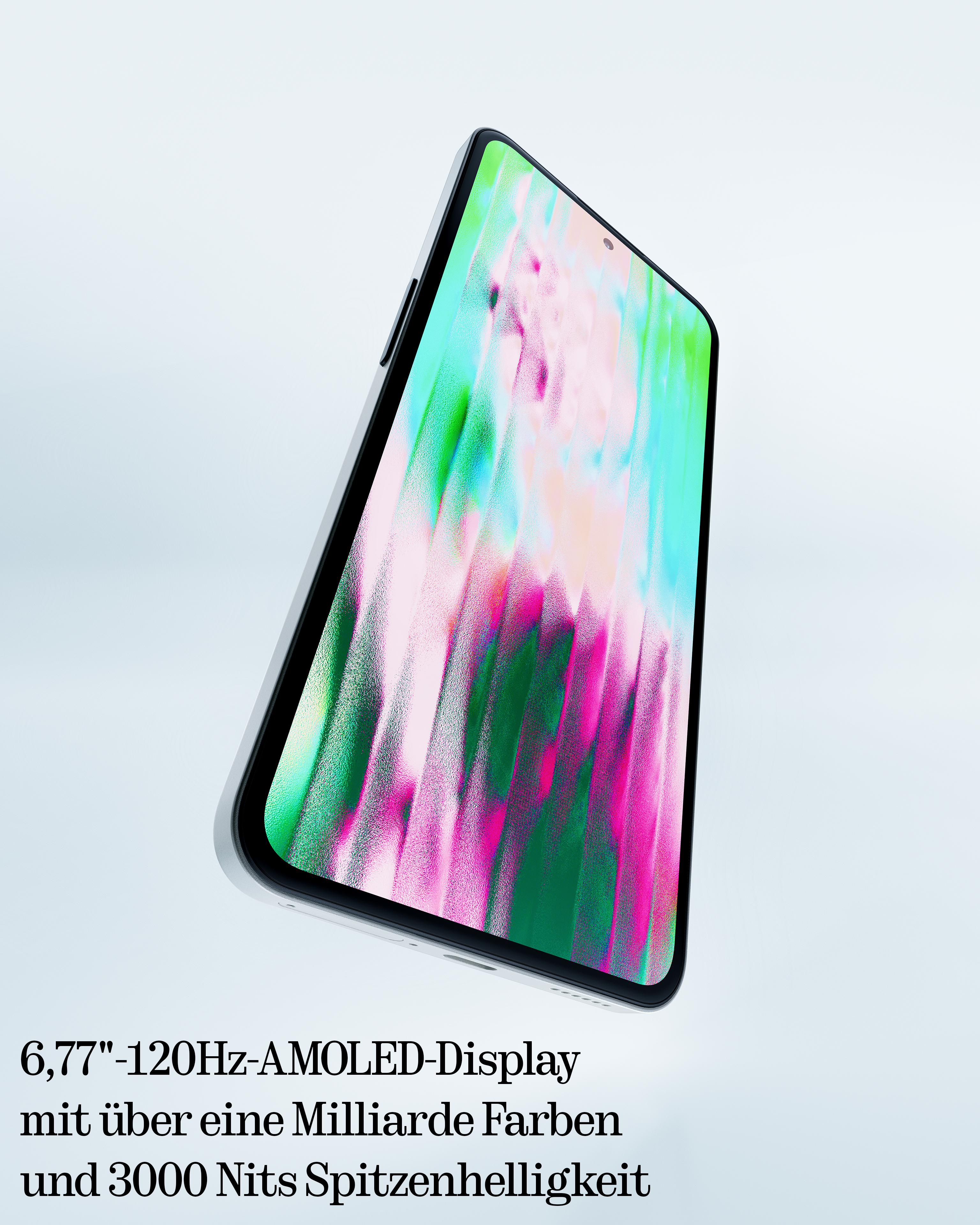 Ein Smartphone mit farbenfrohem Bildschirm ist geneigt. Text unten beschreibt das Display.