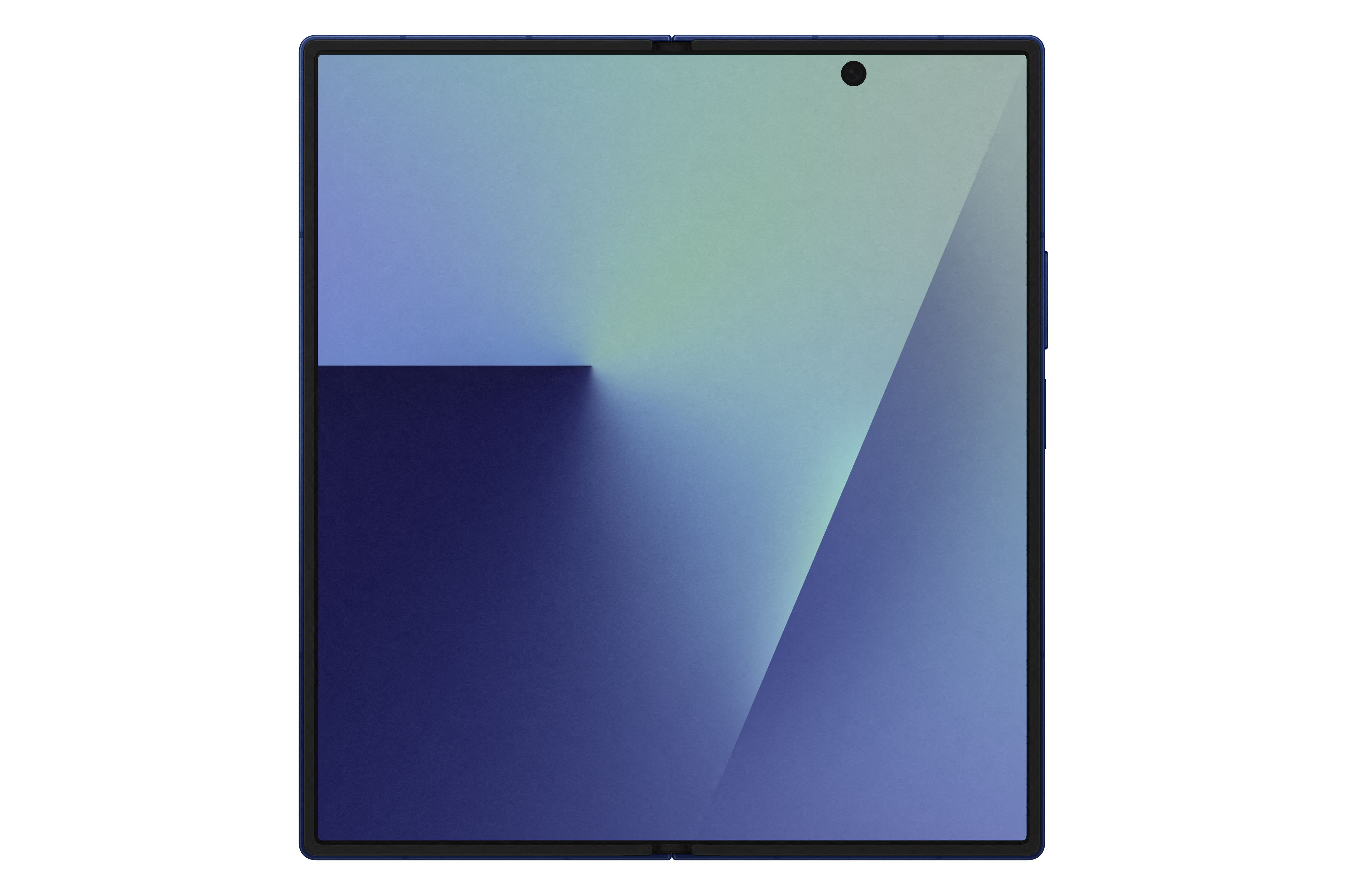 Faltbares Tablet, blauer Rahmen, Farbverlauf-Bildschirm mit Blau- und Grüntönen, schwarzer Hintergrund.