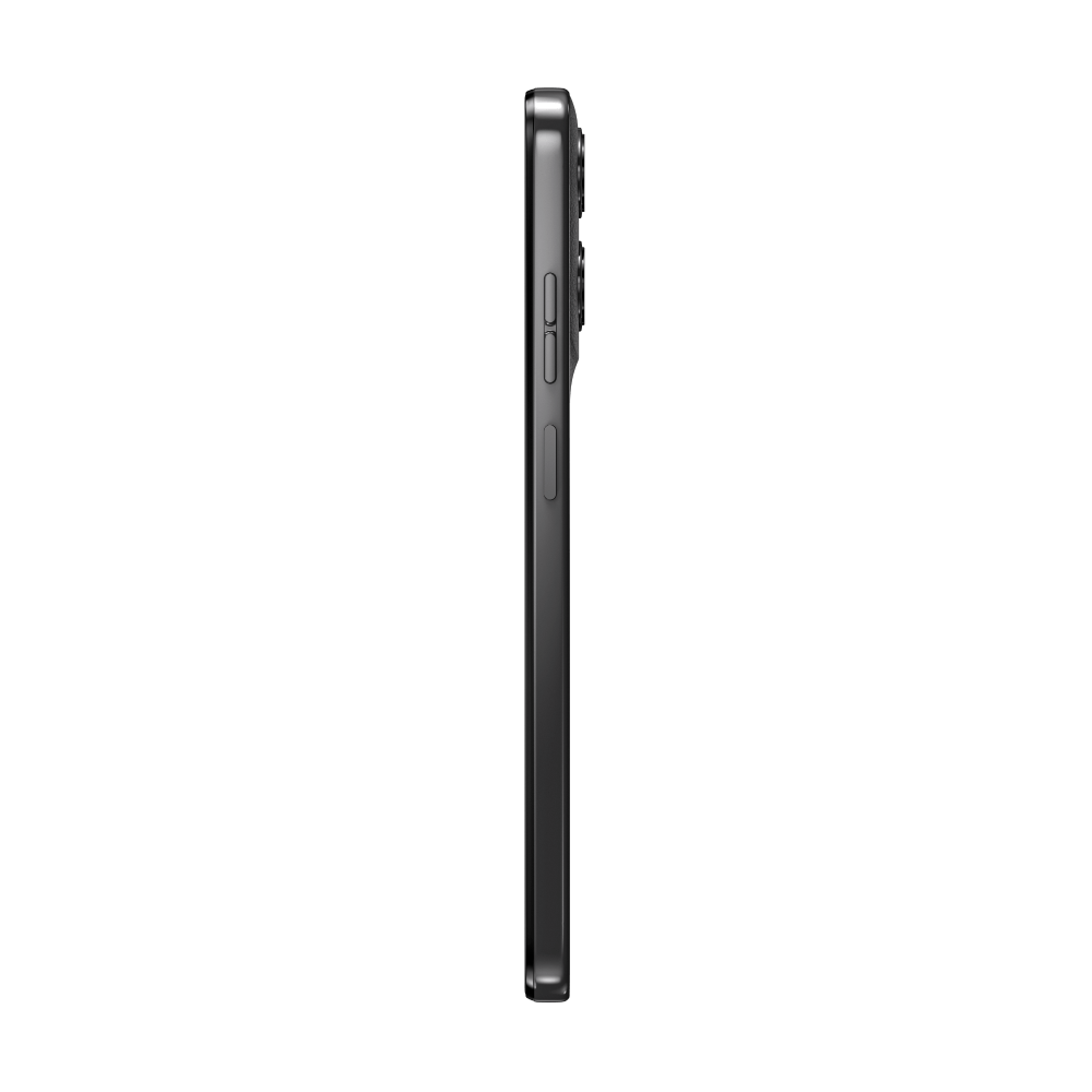 Seitenansicht eines schwarzen Smartphones mit Knöpfen und Kameras auf schwarzem Hintergrund.
