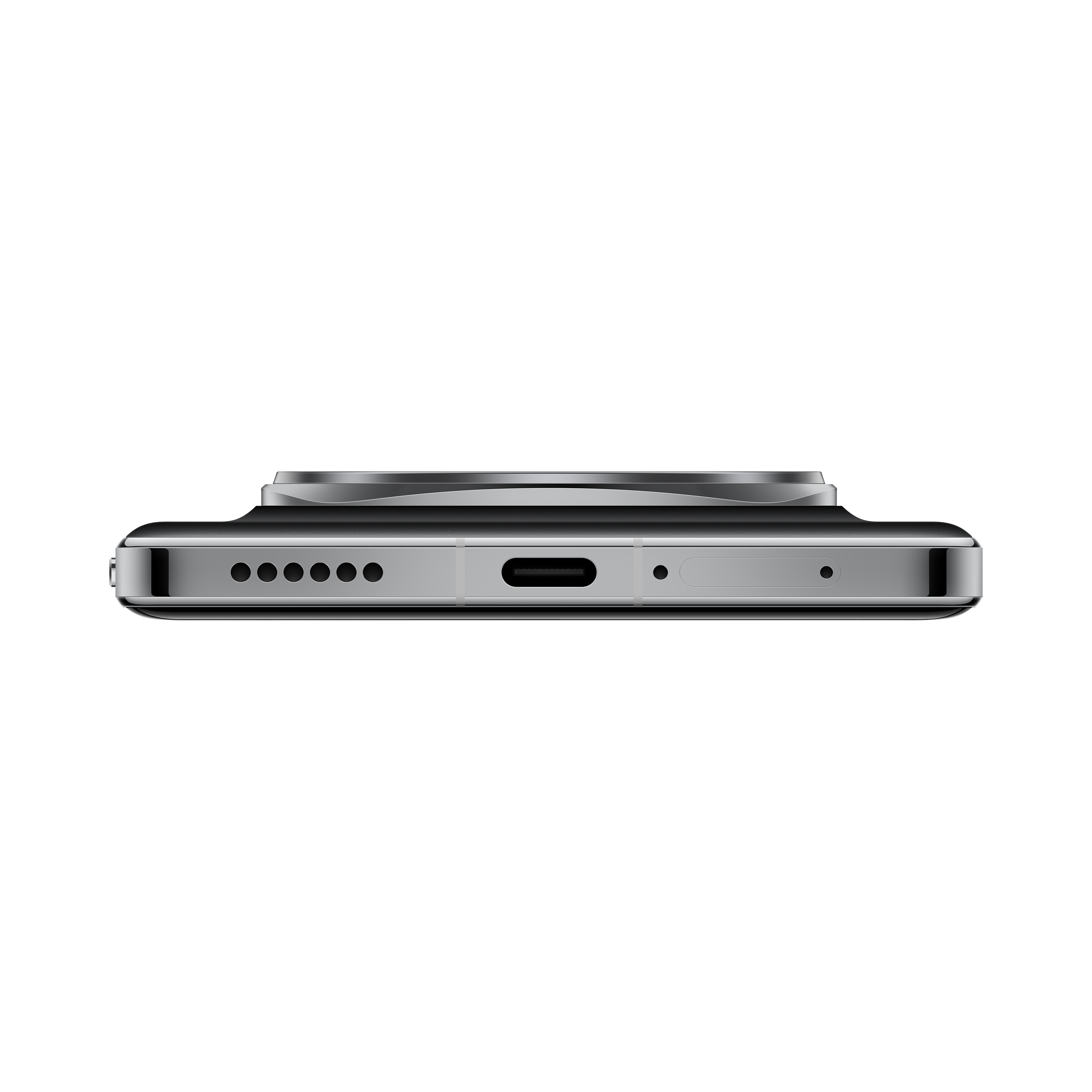 Seitenansicht eines silber-schwarzen Smartphones.