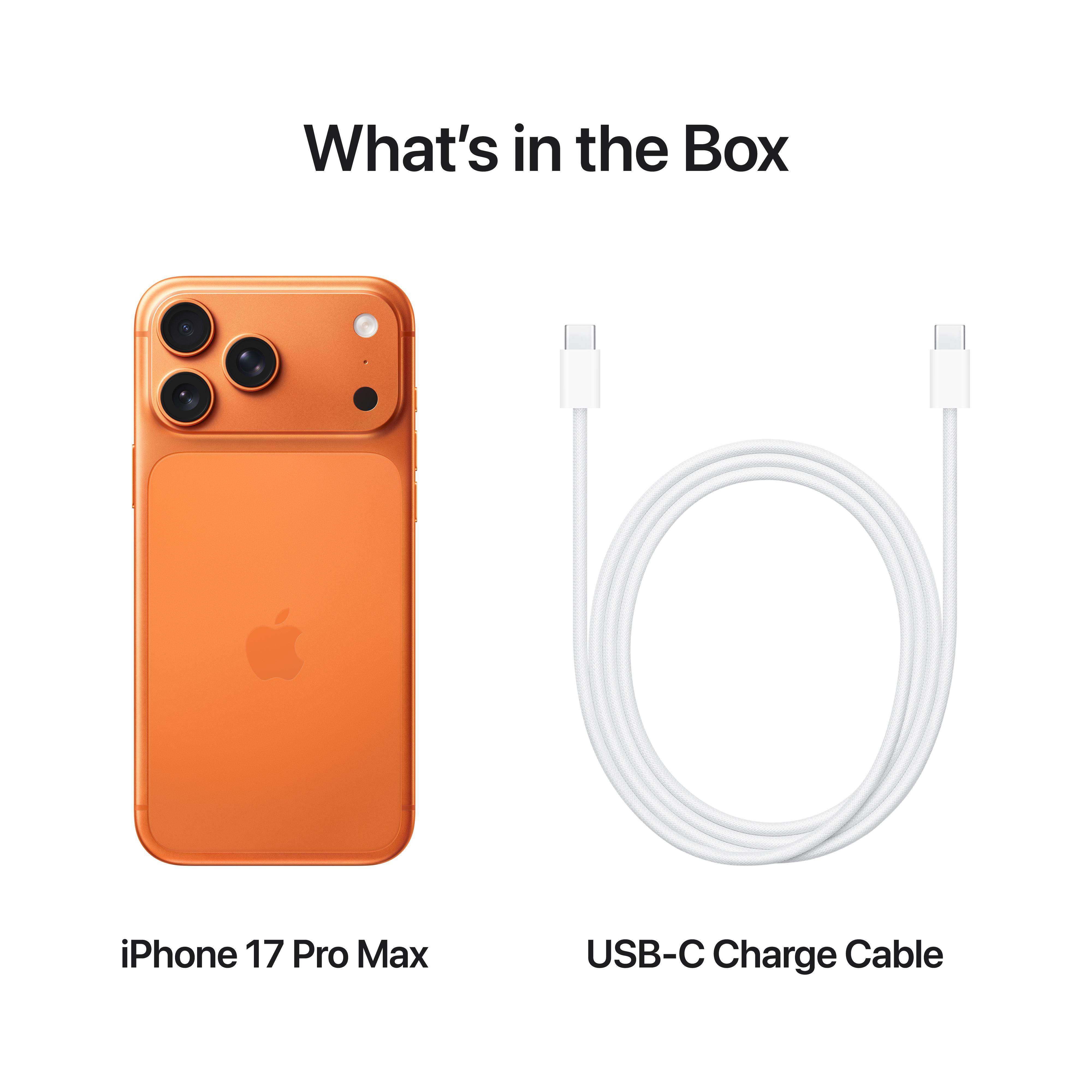 Orangefarbenes iPhone 17 Pro Max und ein weißes USB-C-Ladekabel. Das Telefon hat drei Kameras. Text: Was ist in der Box.