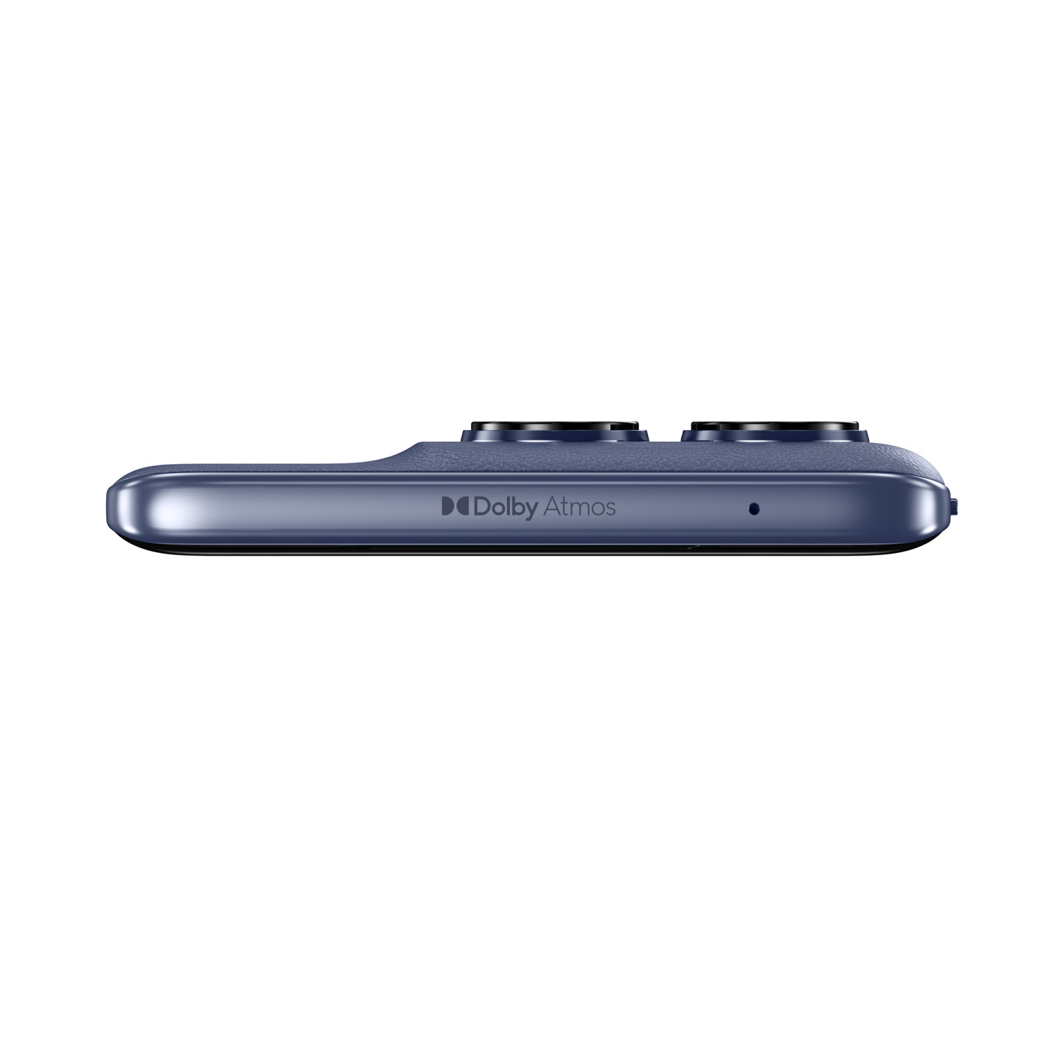 Seitenansicht eines blauen Smartphones mit 'Dolby Atmos' Text.