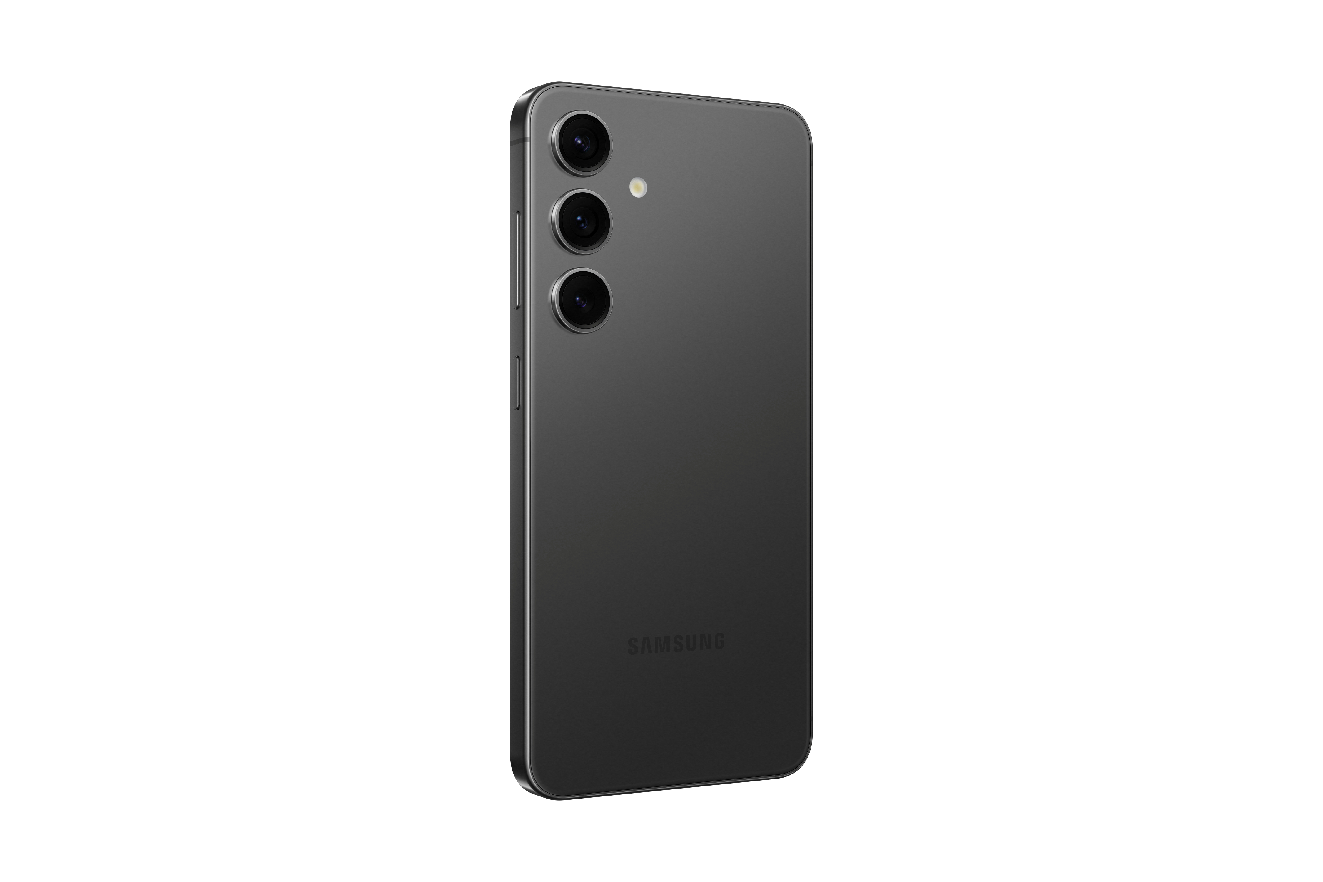 Dunkelgraues Samsung-Telefon mit Kameralinsen auf der Rückseite, auf weißem Hintergrund.