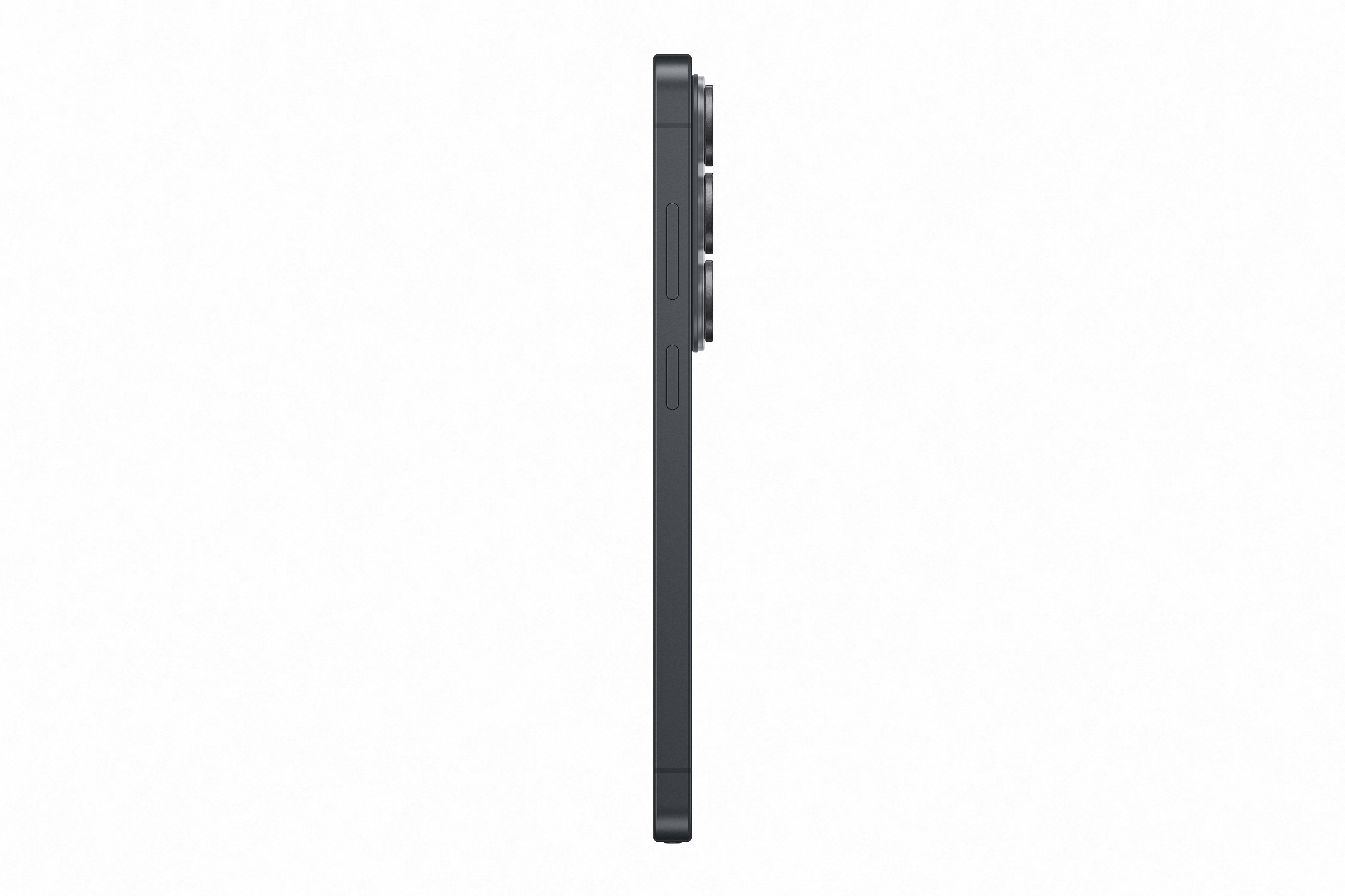 Dunkles Smartphone im Profil mit drei Kameras auf weißem Hintergrund.