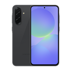 Ein dunkelgraues Samsung-Telefon. Die Rückseite zeigt eine Kameraanordnung. Der Bildschirm zeigt eine bunte Oberfläche.