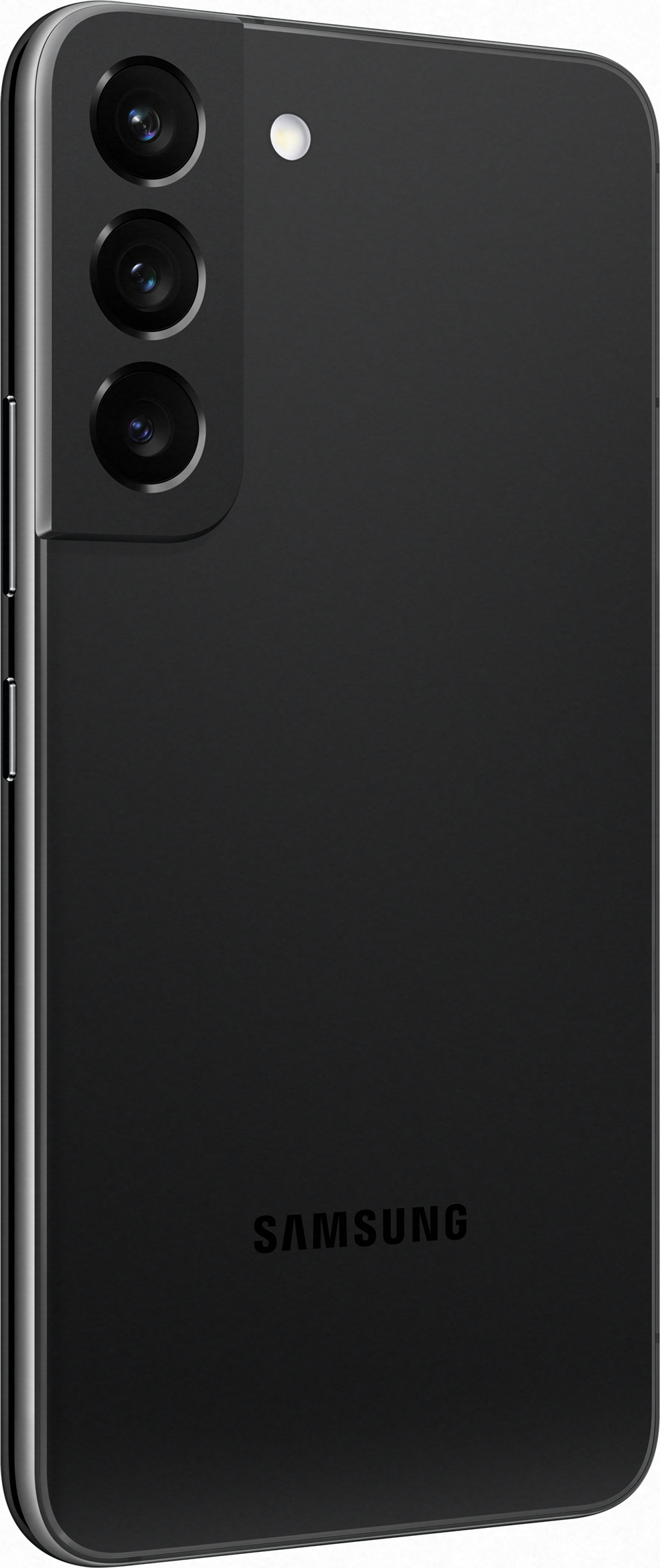 Schwarzes Samsung-Handy mit drei Rückkameras und dem Samsung-Logo.