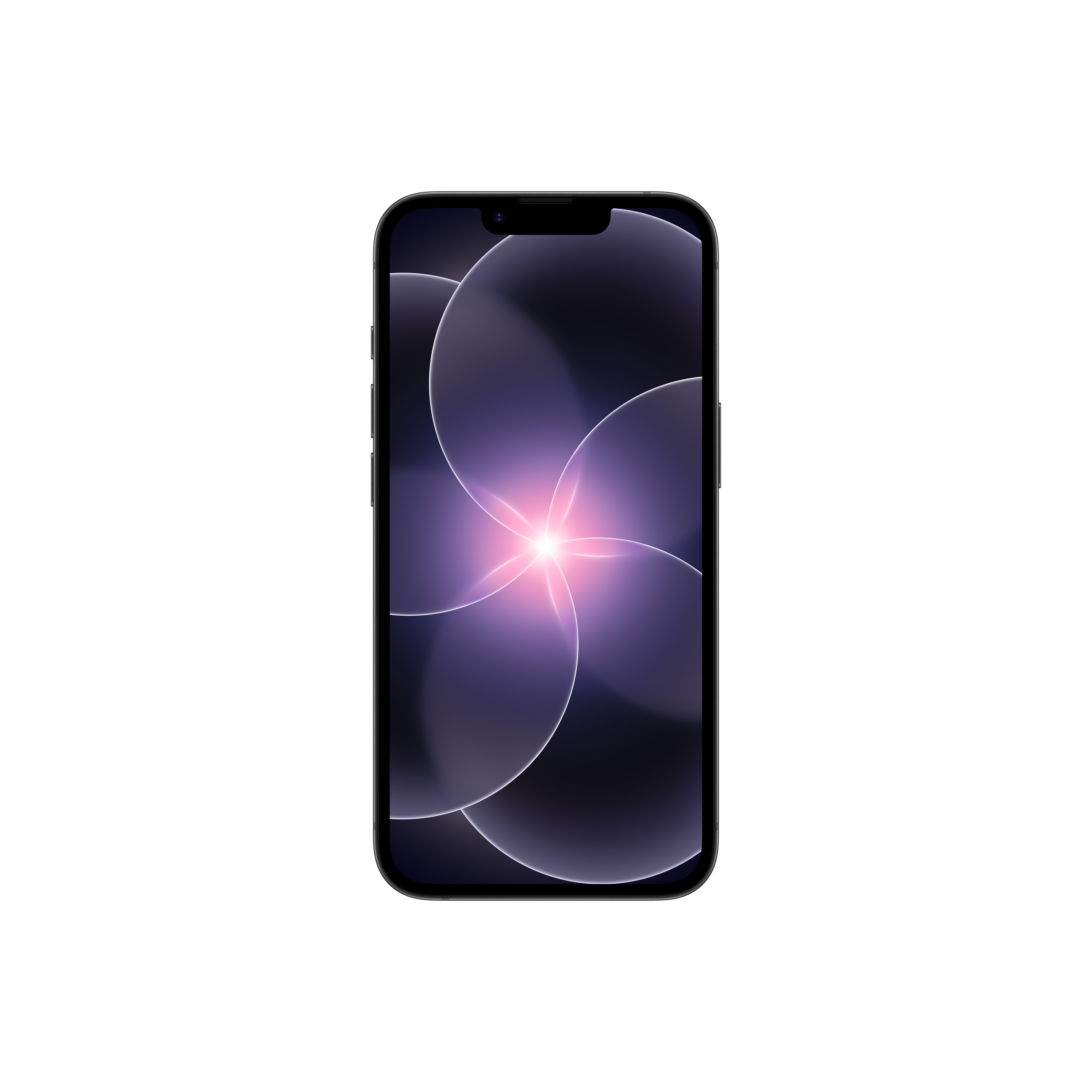 Ein schwarzes Smartphone mit einem abstrakten, violetten Hintergrundmuster.