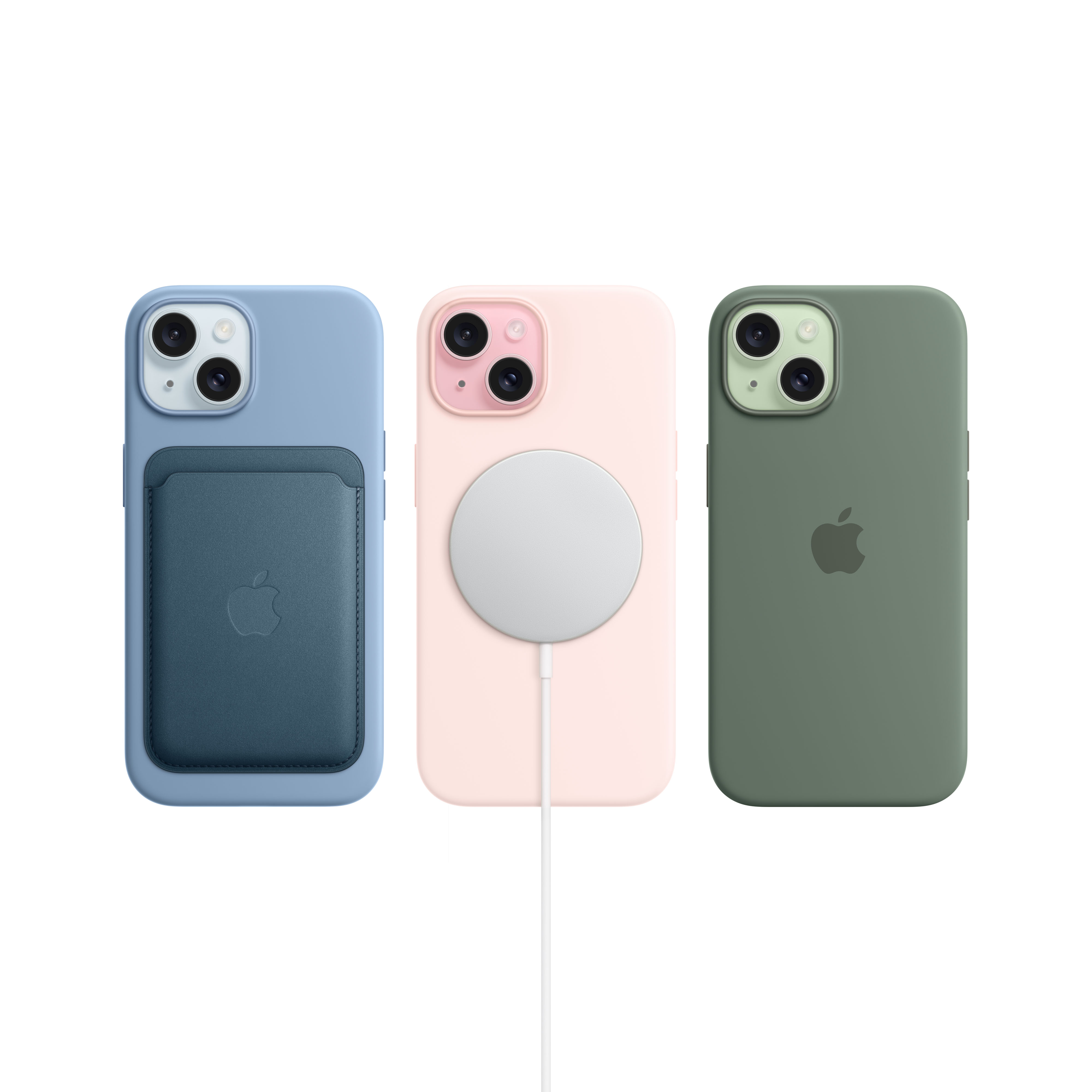 Drei iPhones in Blau, Rosa und Grün, mit Geldbörsen- und Ladepad-Aufsätzen.