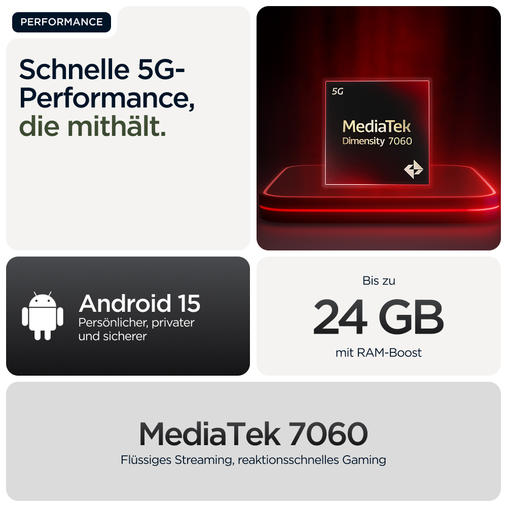 Werbegrafik. Text und Bilder. Android-Logo und MediaTek-Logo. Roter und schwarzer Hintergrund.