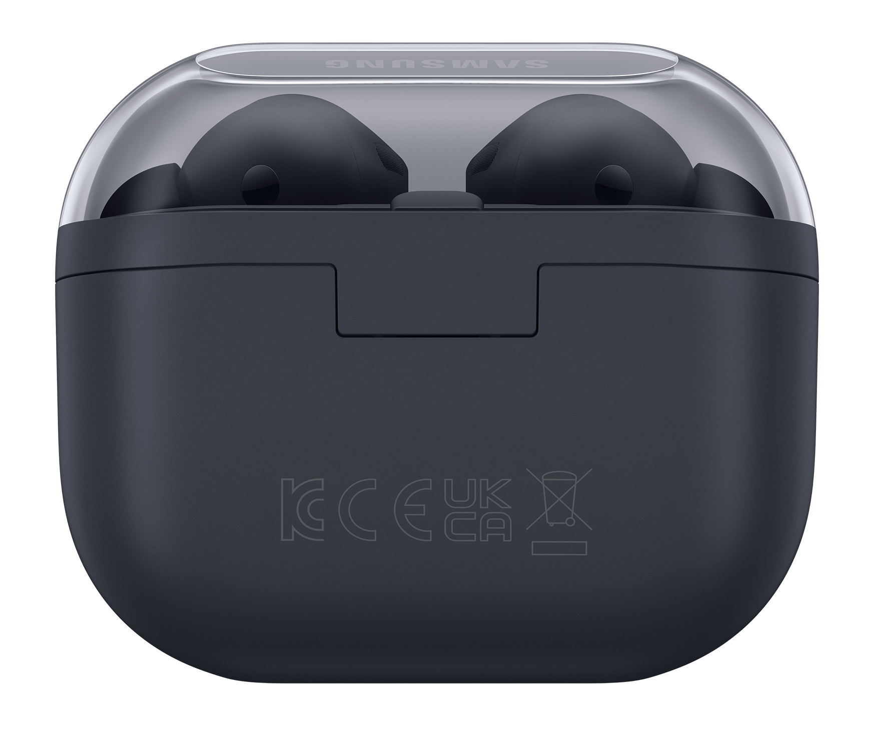 Dunkelgraues Samsung Galaxy Buds-Etui mit Ohrhörern. Transparenter Deckel und Samsung-Logo. Schwarzer Hintergrund.