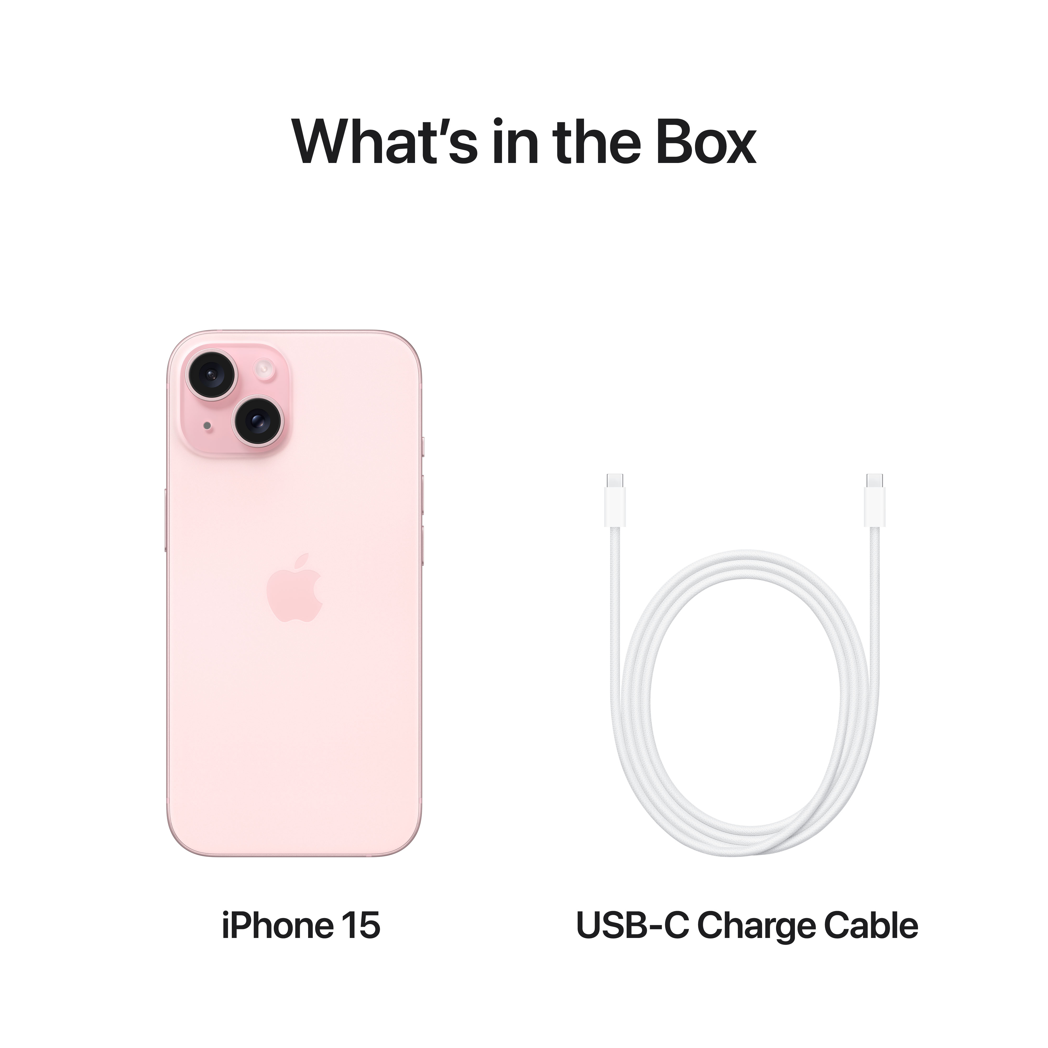 iPhone 15 und ein USB-C-Kabel. Telefon ist rosa, Kabel ist weiß. Text: 'Was ist in der Box'.