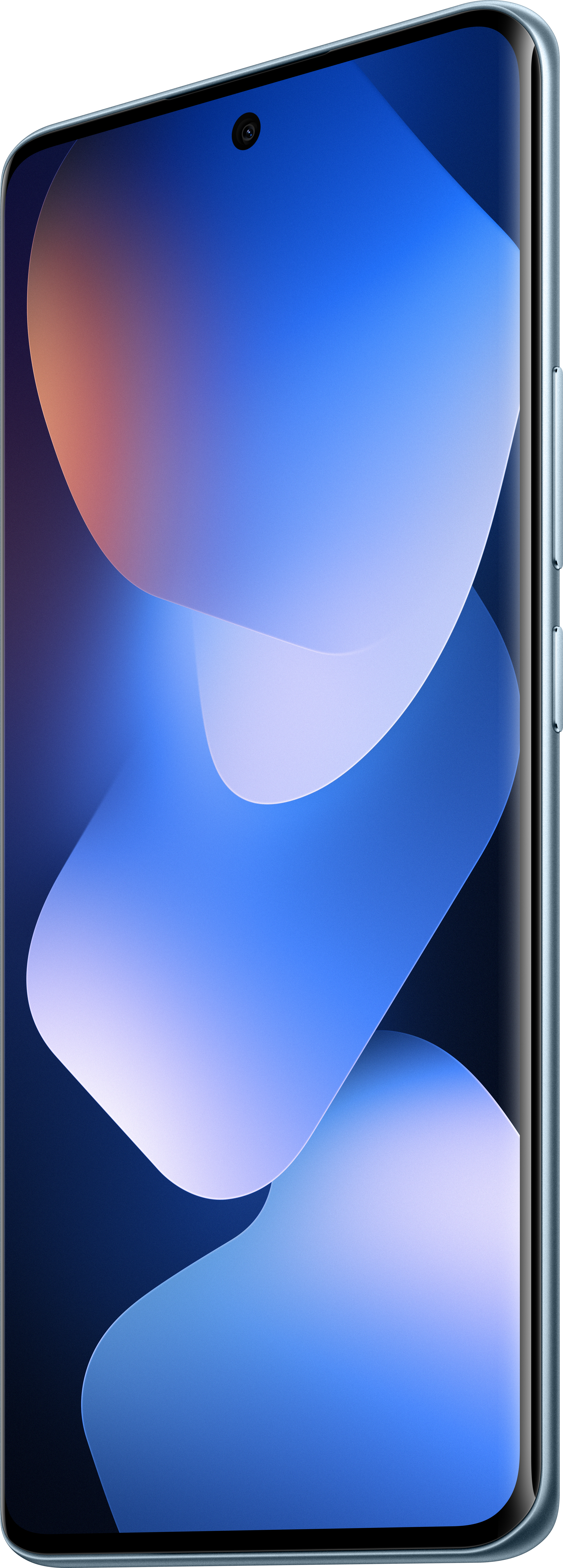 Ein Smartphone mit blauem Farbverlauf-Bildschirm, der weiße, blaue und orangefarbene Formen zeigt. Das Telefon hat eine dunkle Kamera.