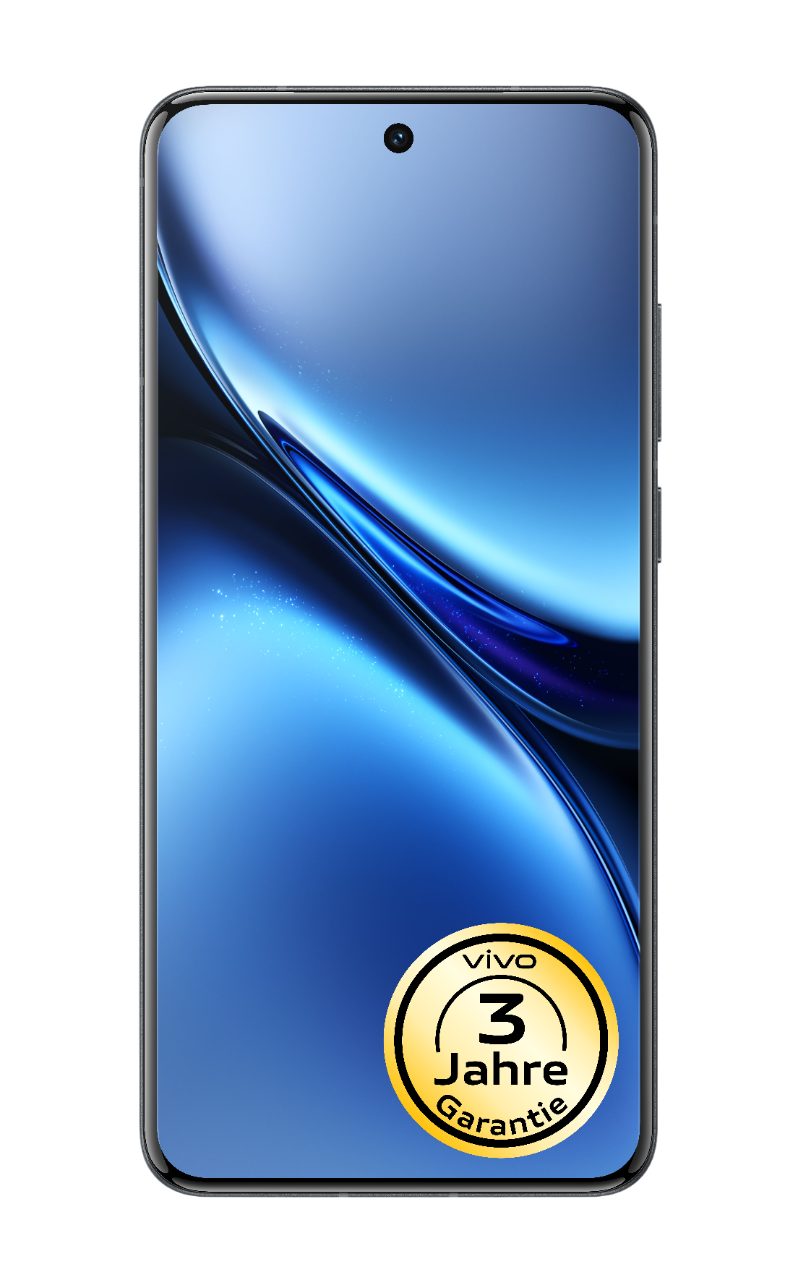 Ein blaues vivo Smartphone mit goldenem Garantiesiegel, vor schwarzem Hintergrund dargestellt.