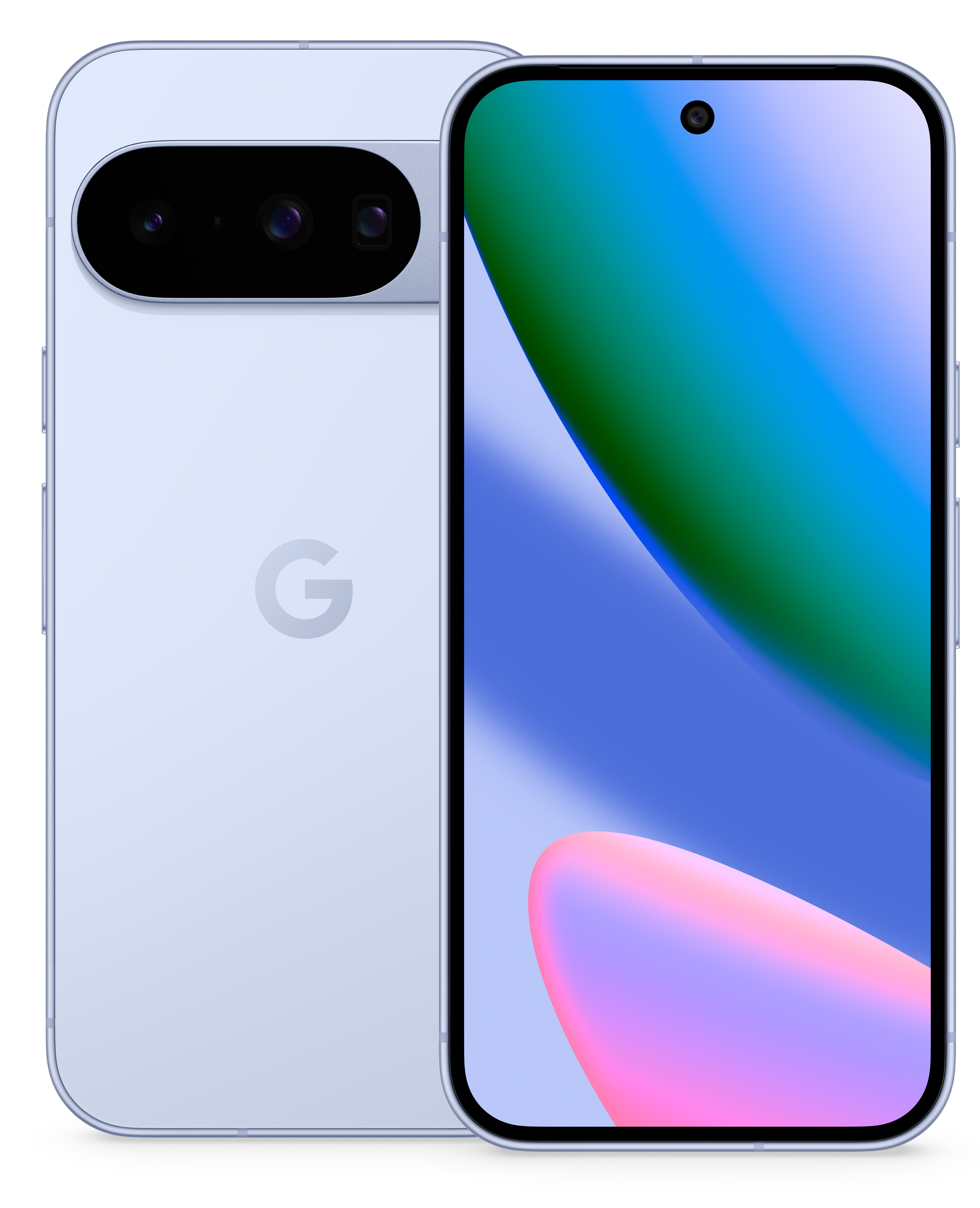 Ein hellblaues Smartphone mit Kameraleiste auf der Rückseite und farbenfrohem Bildschirm. Das Google-Logo ist sichtbar.