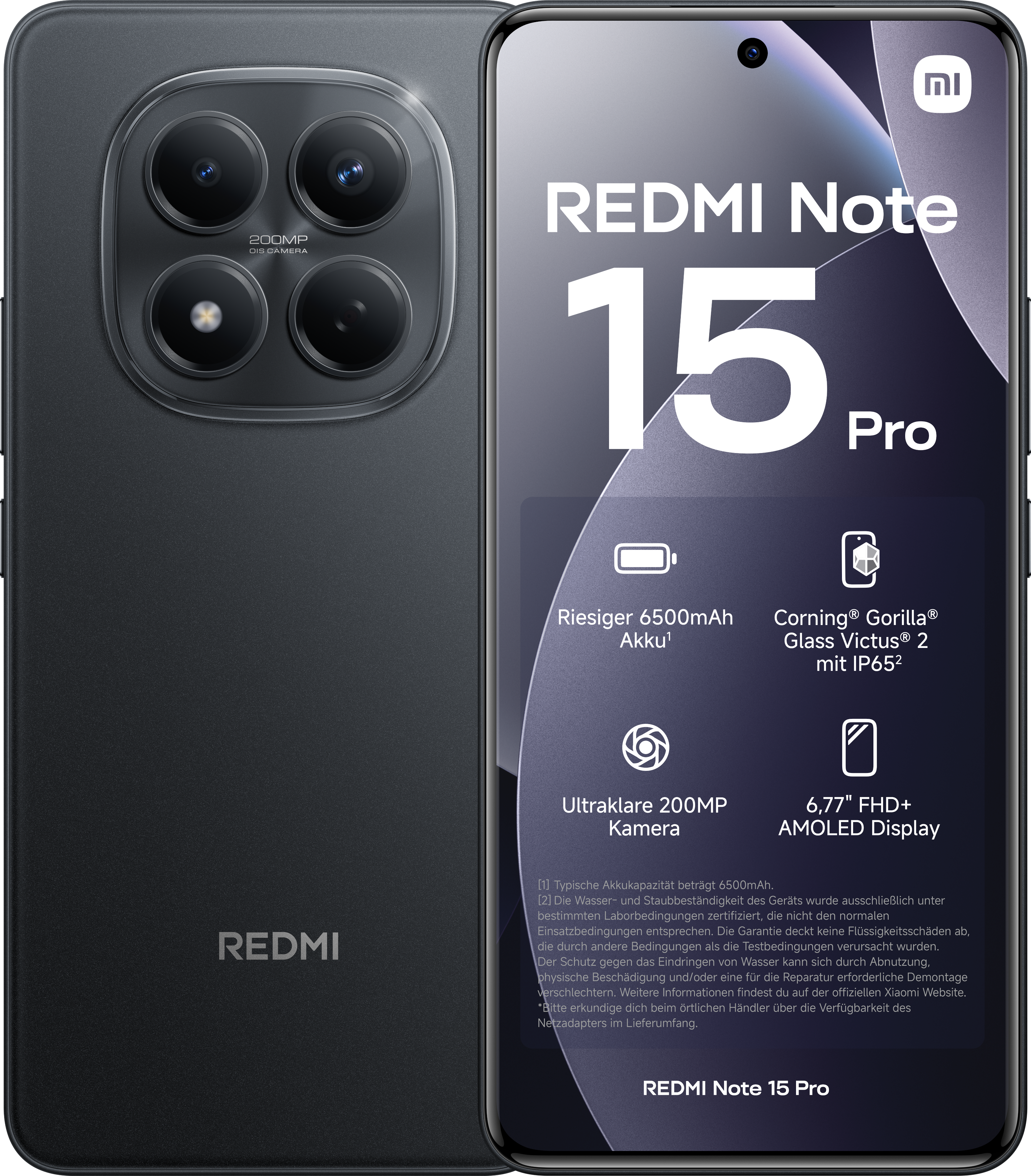 Ein schwarzes Smartphone mit Kameramodul und dem Logo Redmi Note 15 Pro.
