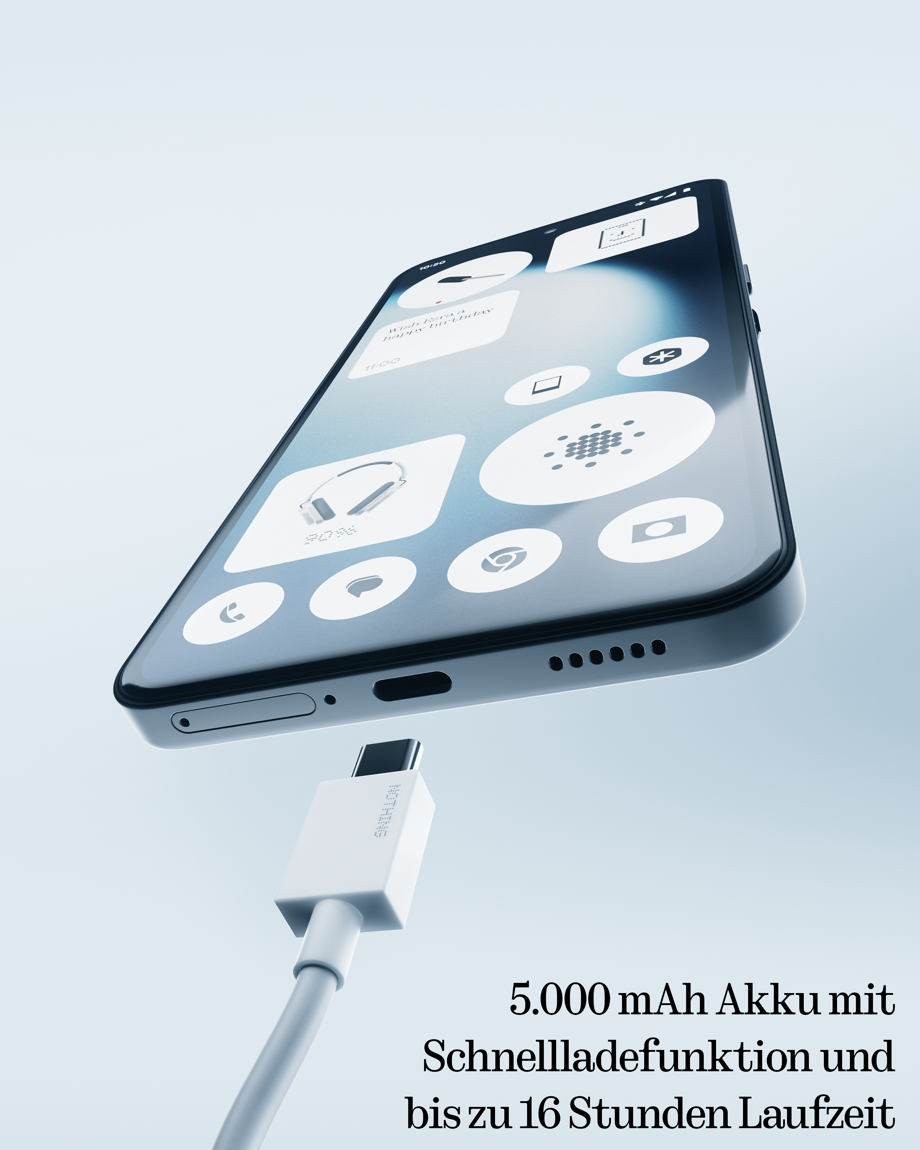 Ein Telefon wird geladen. Der Bildschirm zeigt Symbole. Ein Text unten sagt: 5.000 mAh Akku mit Schnellladen und bis zu 16 Stunden.
