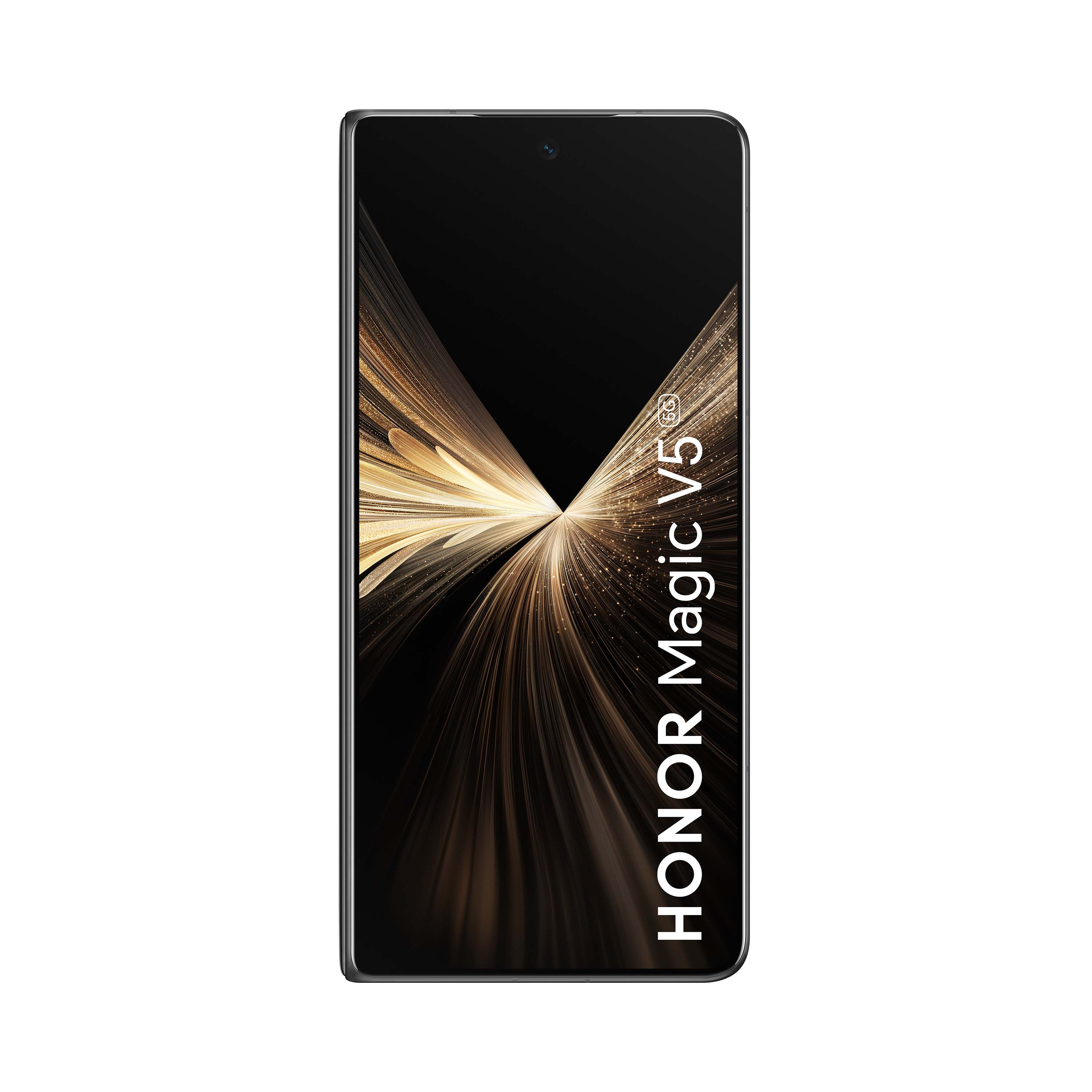 Ein Smartphone mit schwarzem Bildschirm, der eine gold-schwarze Grafik und weißen Text 'HONOR Magic V5' zeigt.