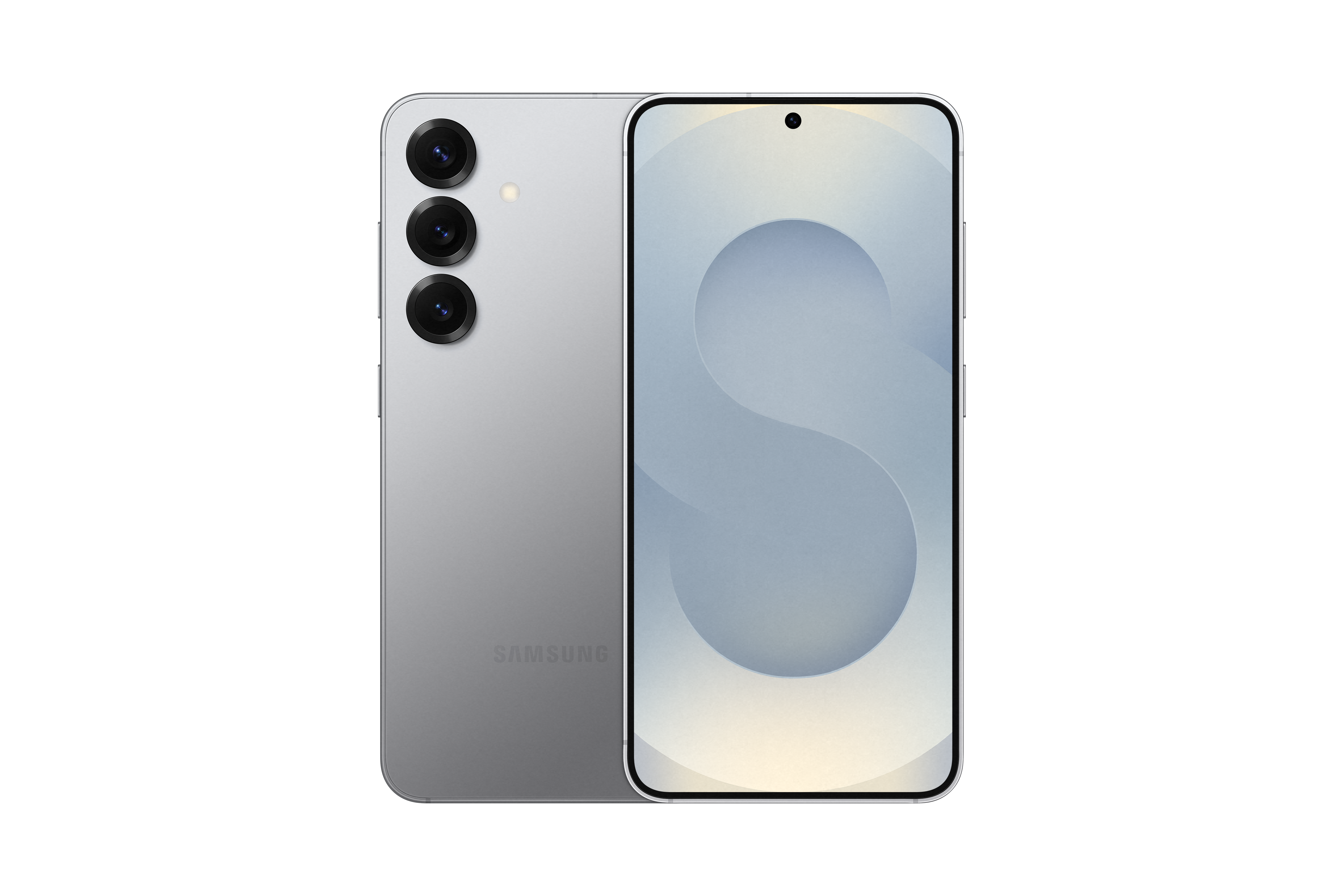 Silbernes Samsung-Telefon, Rück- und Vorderansicht. Drei Kameras auf der Rückseite.