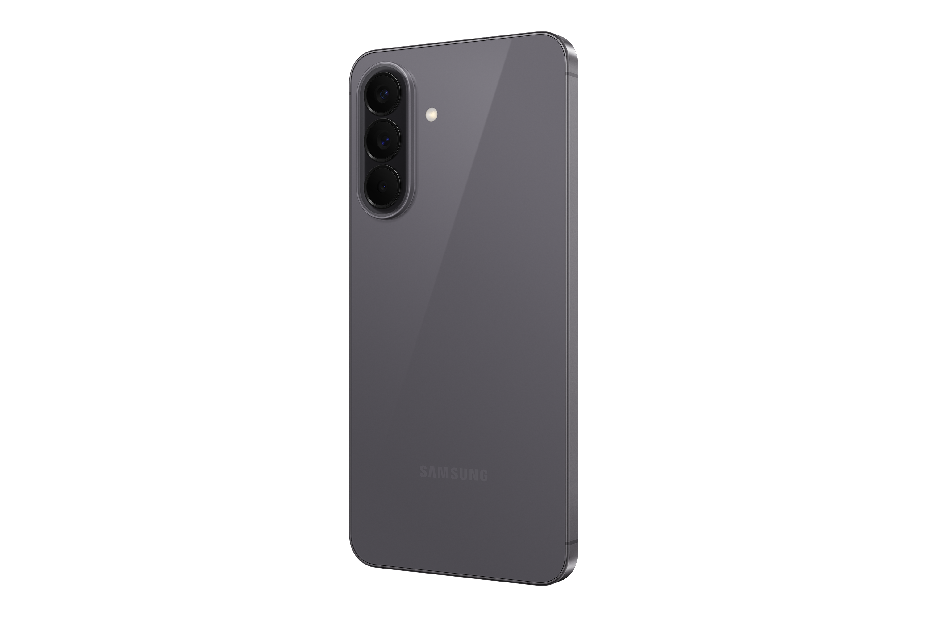 Ein graues Smartphone mit drei Kameras auf der Rückseite und dem Samsung-Logo.
