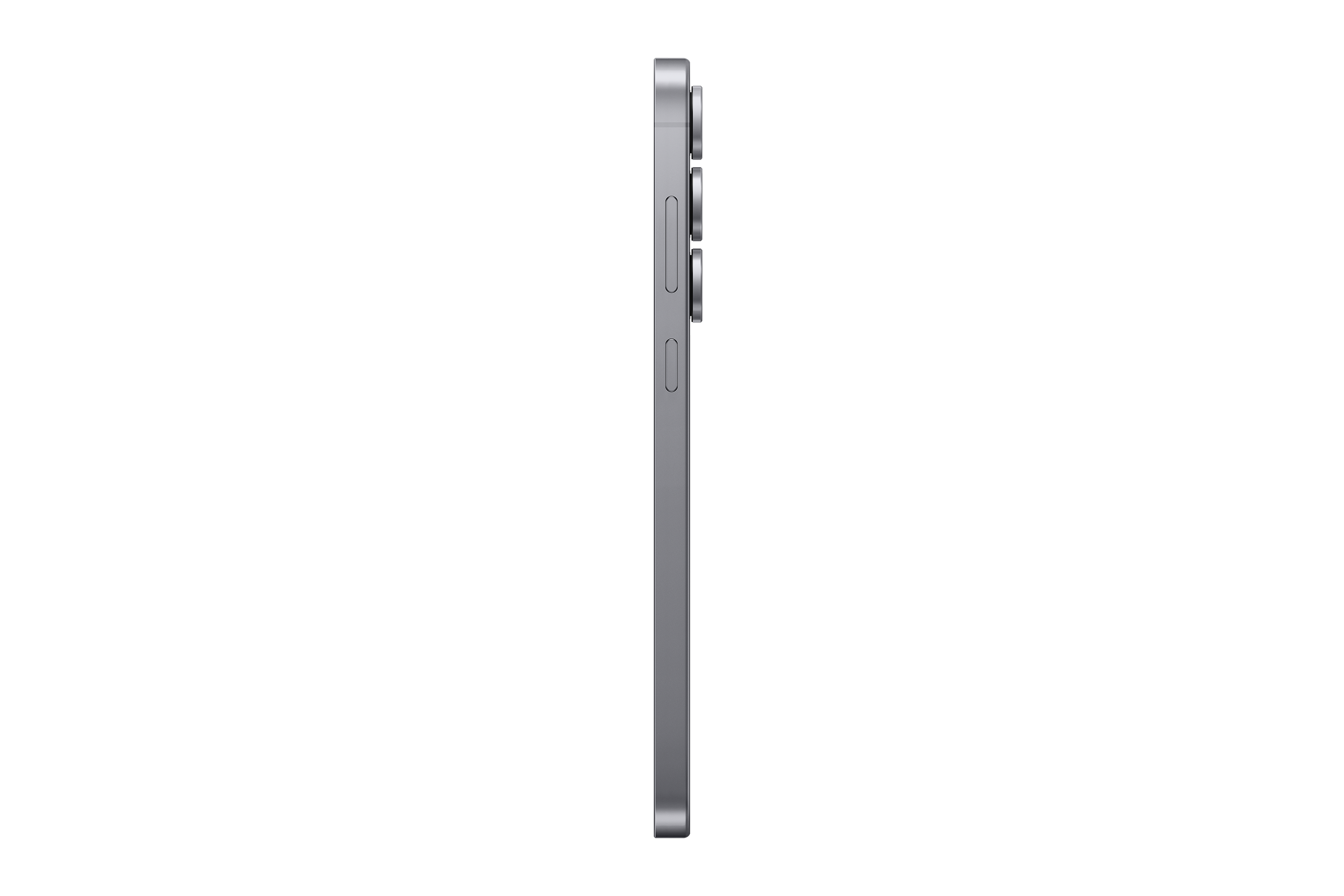 Seitenansicht eines grauen Smartphones vor schwarzem Hintergrund. Lautstärketasten sind sichtbar.