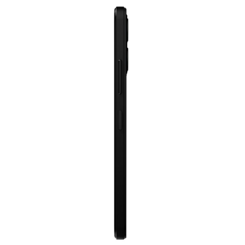 Seitenansicht eines schwarzen Telefons. Das Telefon ist sehr schlank.