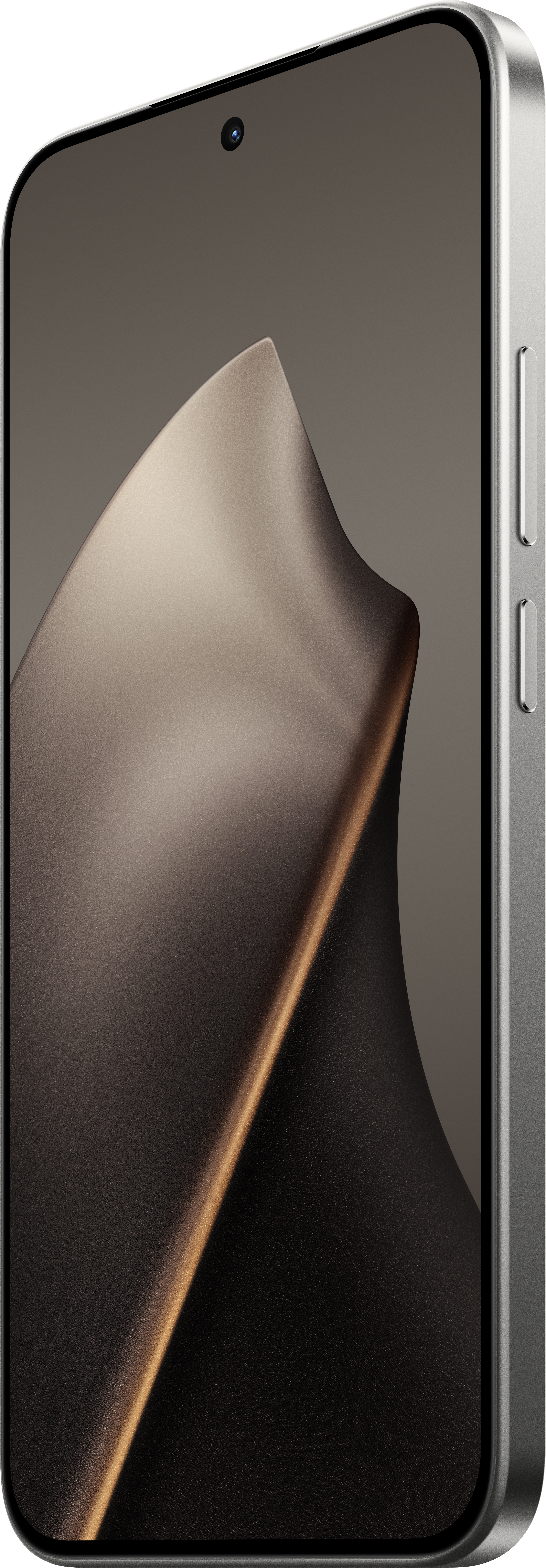 Ein silbernes Smartphone, das nach rechts abgewinkelt ist, mit einem gebogenen Bildschirm. Der Bildschirm hat ein dunkles, abstraktes Design.