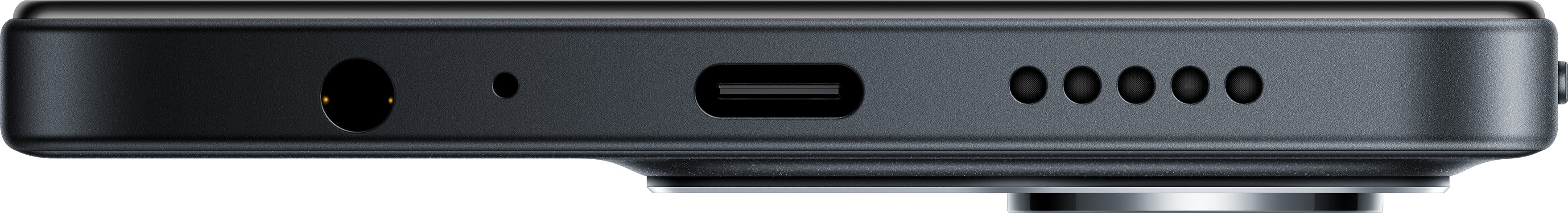 Seitenansicht eines Geräts. Merkmale sind ein Ladeanschluss, ein kleines Mikrofonloch, ein USB-C-Anschluss und sechs Lautsprecherlöcher.