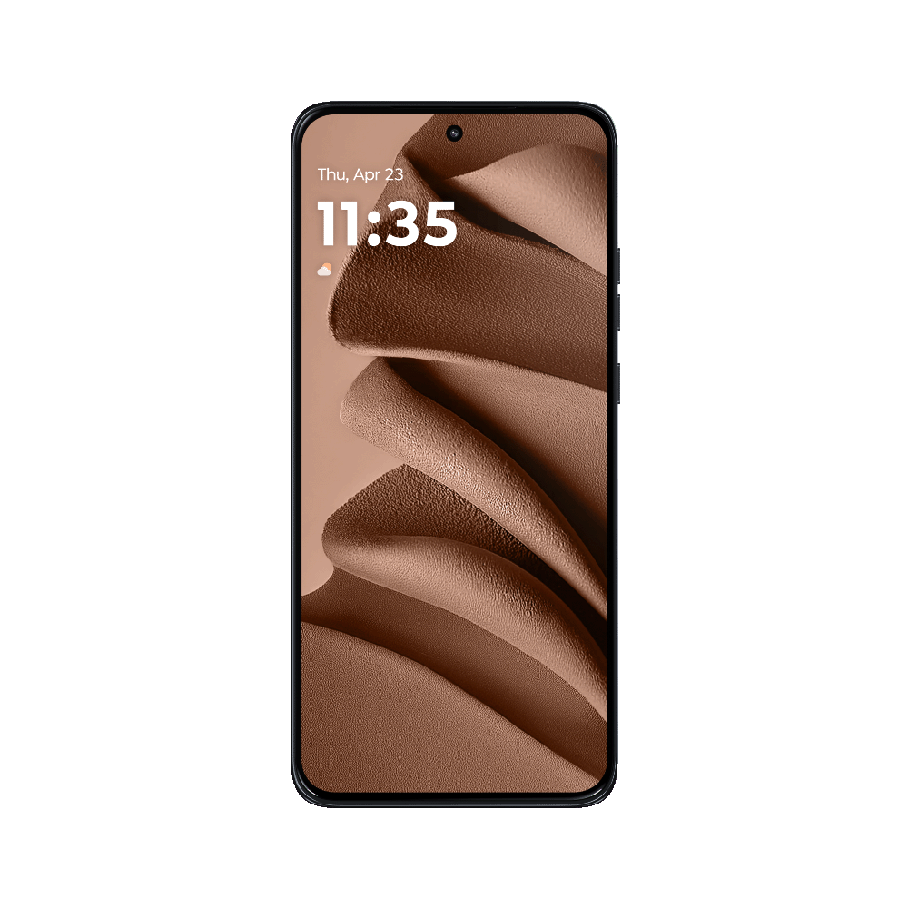 Smartphone mit braunem, abstrakten Design. Zeigt die Uhrzeit 11:35 und das Datum.