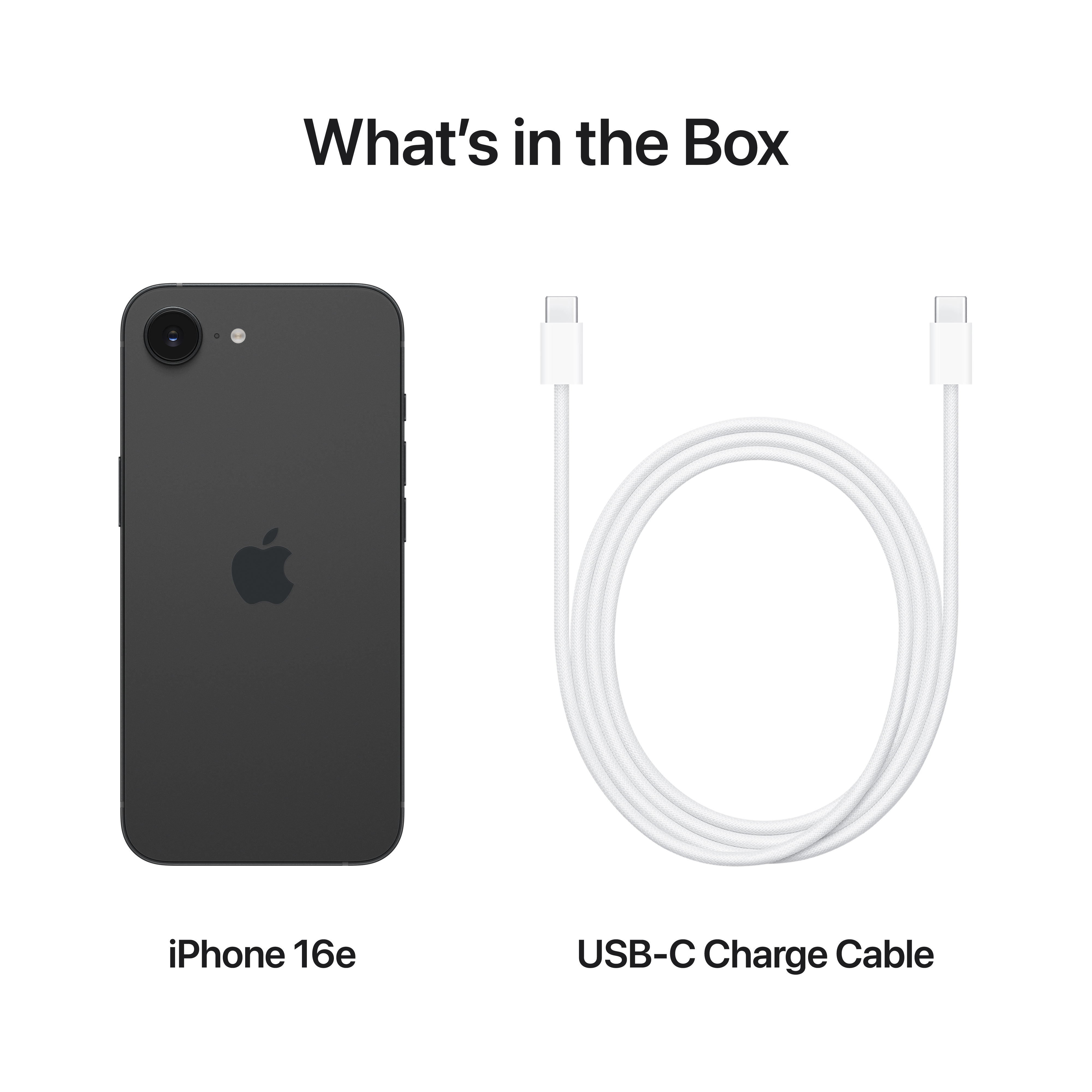 Schwarzes iPhone 16e und weißes USB-C-Ladekabel auf weißem Hintergrund, mit Text darüber.