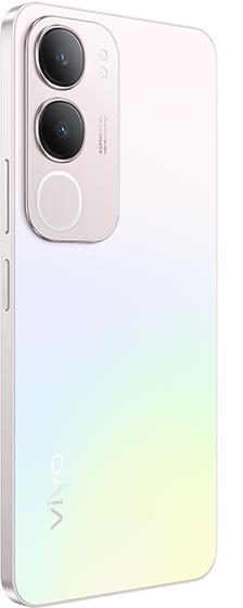 Weiße Telefonseitenansicht, mit Kameras. Vivo-Logo. Heller Farbverlauf.