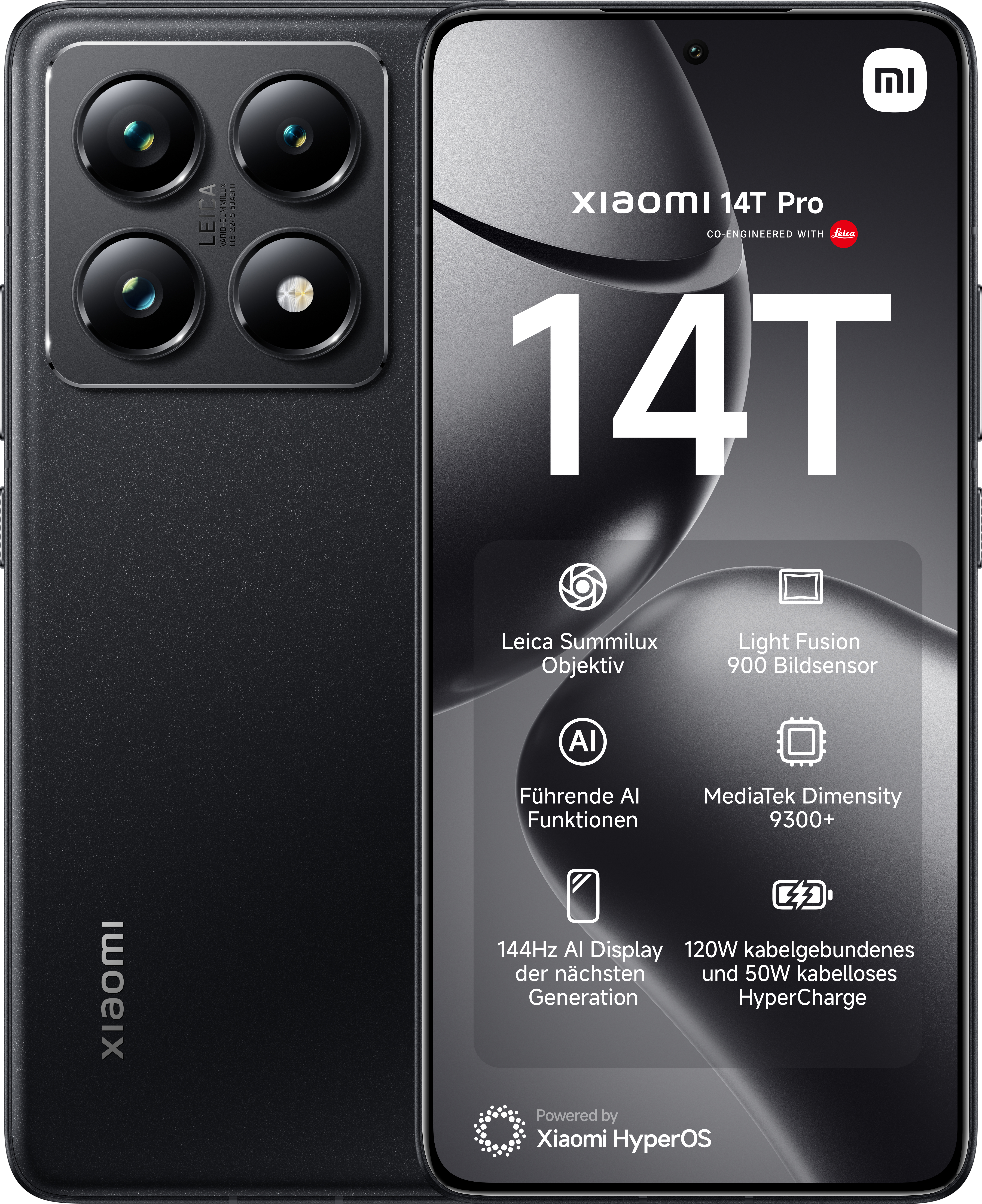 Schwarzes Xiaomi 14T Pro Smartphone mit mehreren Kameras. Funktionen und Spezifikationen sind rechts gezeigt.
