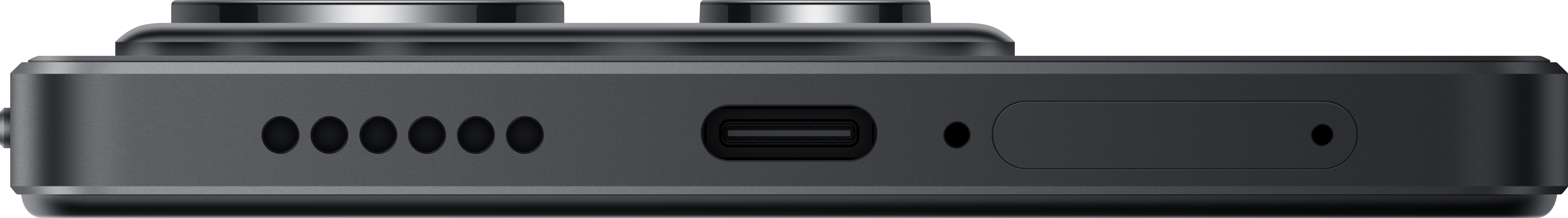 Die Unterseite eines dunkel gefärbten Telefons mit einer Reihe kreisförmiger Löcher und einem USB-C-Anschluss.